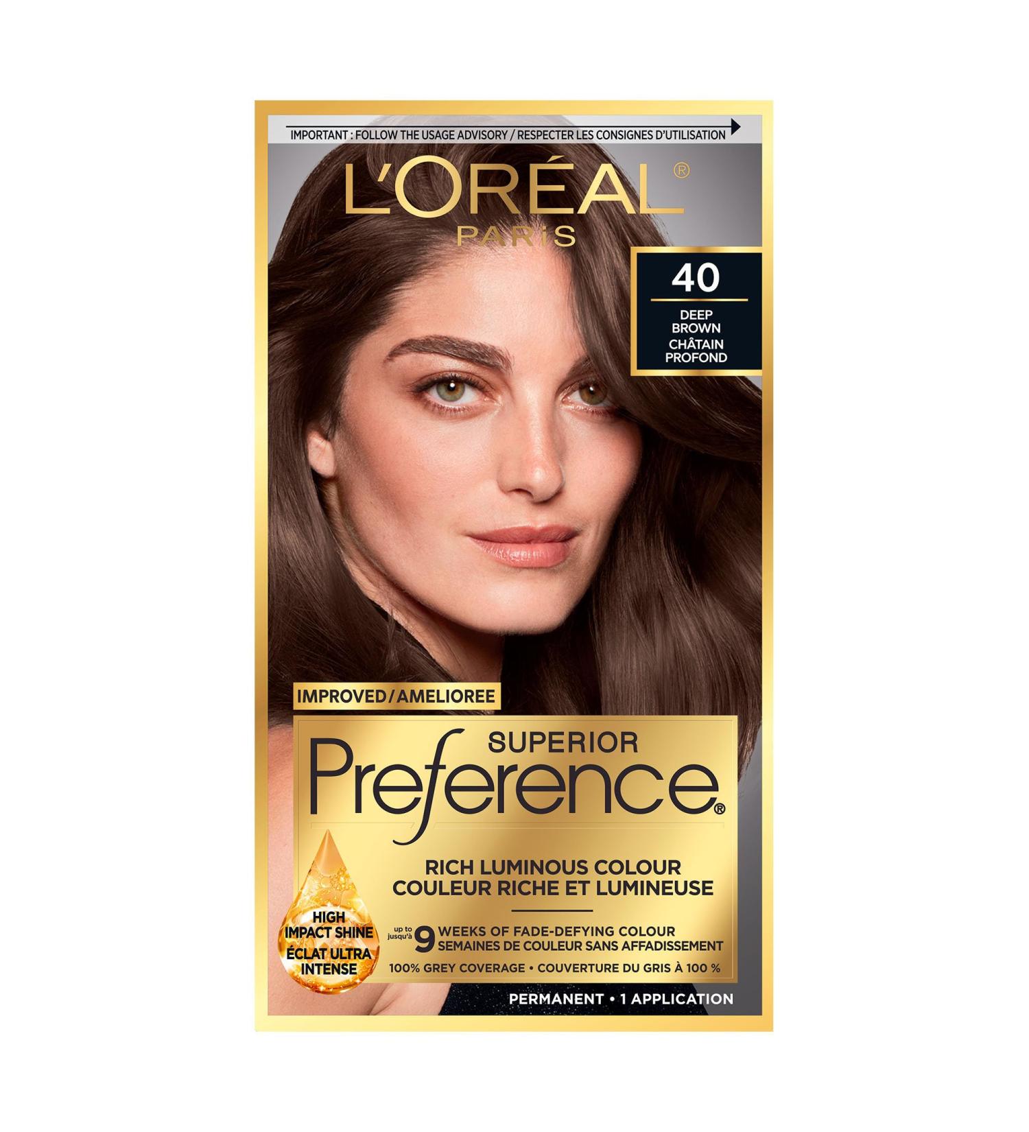 L'Oreal Paris Superior Preference 9 weeks of Luminous Fade-Defying Permanent Hair Dye 40 Deep Brown 100% Grey Coverage 1 Hair Dye Kit (Packaging May Vary) 1 count (Pack of 1) Deep Brown - Buy Online on GoSupps.com