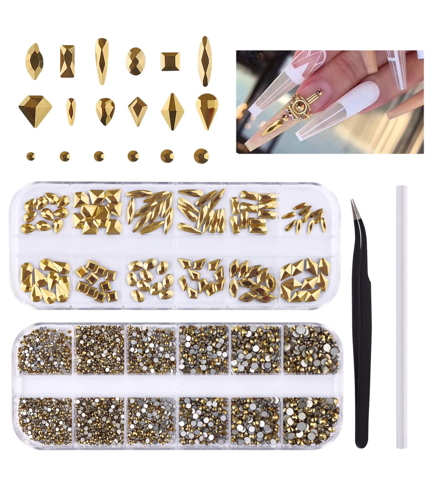 3120 Pcs Gold Crystal Nail Art Rhinestones Kit with Tweezers and Drill Pen - EBANKU - Buy Online on GoSupps.com