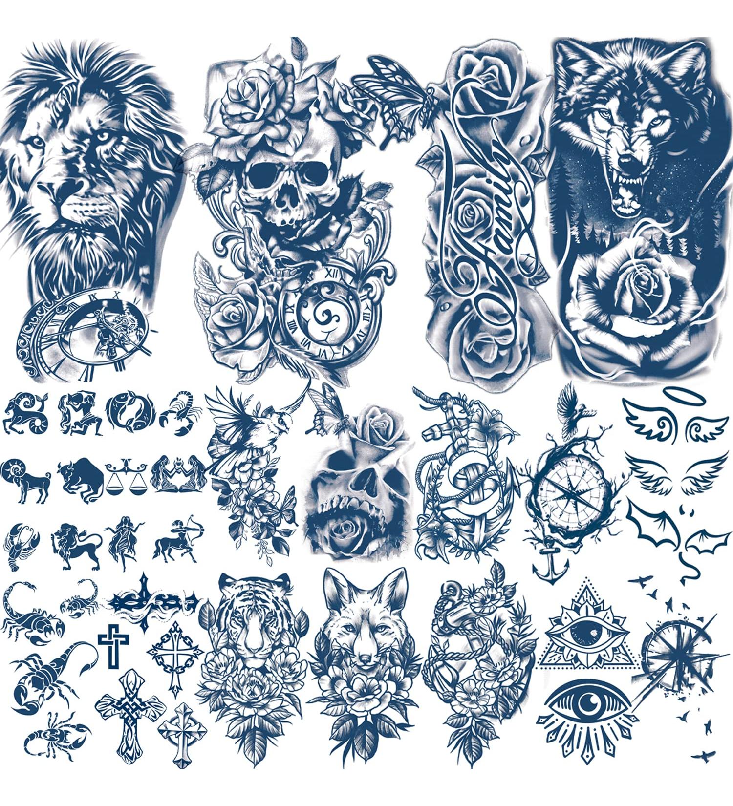 Semi-Permanent Tattoos for Women - 18 Sheets Large Flower Rose Sunflower Deer Wolf Dark Blue Fake Tattoos + 14 Sheets Small Tattoo for Men, Kids - Waterproof Temporary Stickers Lasting 1-2 Weeks - Buy Online on GoSupps.com