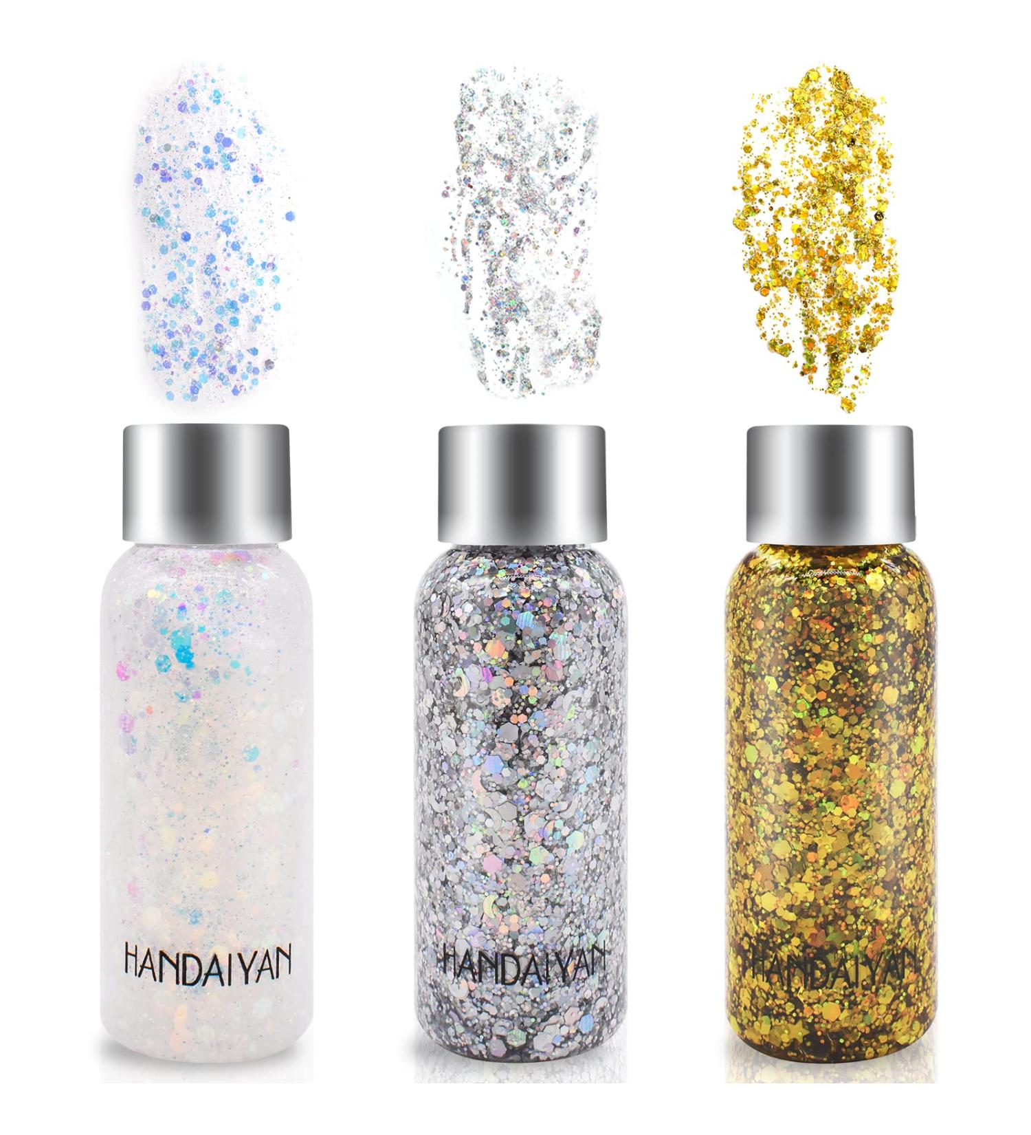 3 Bottle Festival Glitter Set | Holographic Body & Face Glitter Gel for Music Festivals Halloween Christmas - White Gold Silver - Buy Online on GoSupps.com