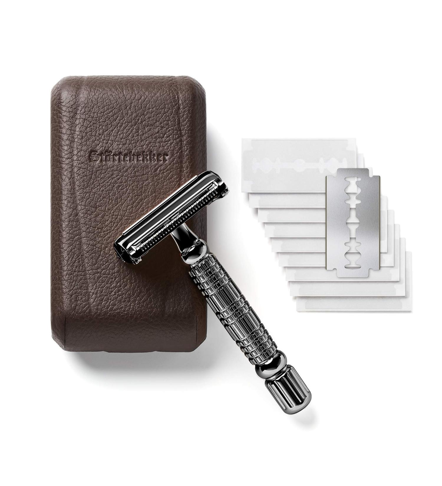 St rtebekker Premium Razor Hobel - Handmade Leather Etui | Vintage Wet Razor Set with 10 Blades & Mirror | Perfect Travel Shaving Gear - Buy Online on GoSupps.com