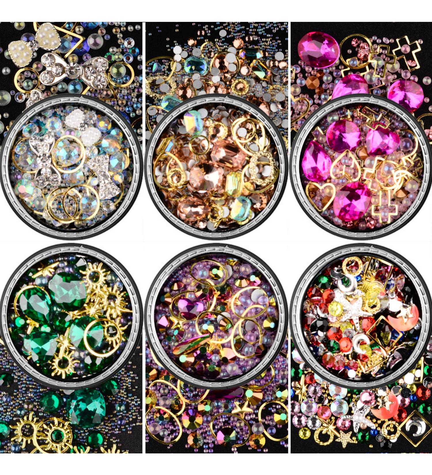 6 Wheels Mixed Sparkle Nail Art Rhinestones, Diamonds, Crystals, Butterfly Beads, Pearls, Studs, Gems, Rivets & Charms Kit - Buy Online on GoSupps.com