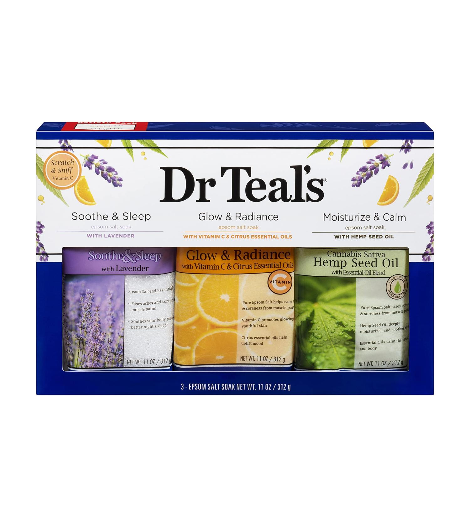 Dr Teal's Epsom Salt Trio Gift Set - Soothe & Sleep, Glow Radiance, Moisturize, Calm, Treat Your Skin & Senses - Stress-Relief Home Spa Kit for Achy Muscles (42 oz) - Buy Online on GoSupps.com