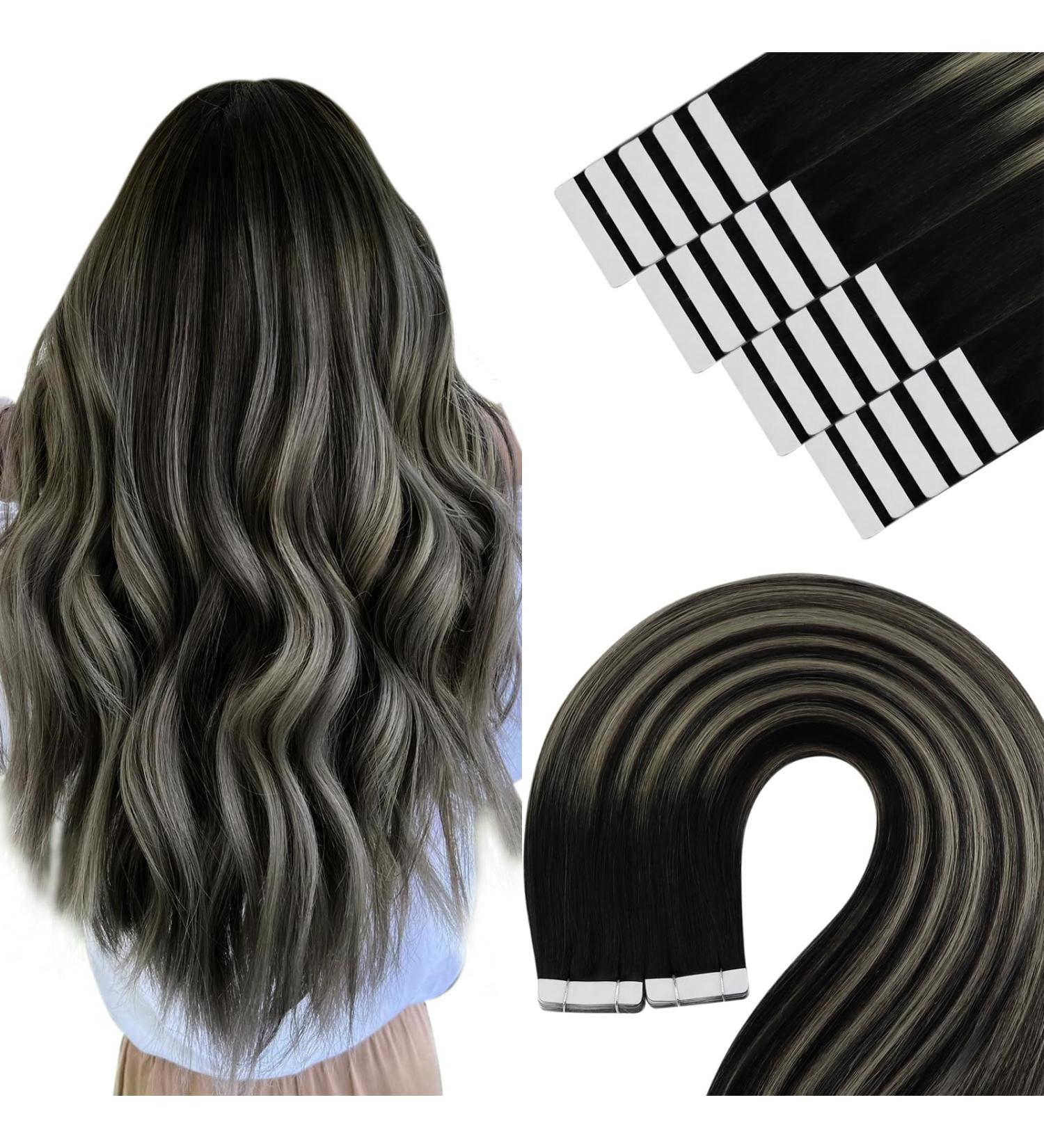 Youngsee Ombre Tape-In Hair Extensions - Real Hair 40cm Balayage Black & Silver 50g 20pcs Seamless - Perfect for Glamorous Looks - Buy Online on GoSupps.com