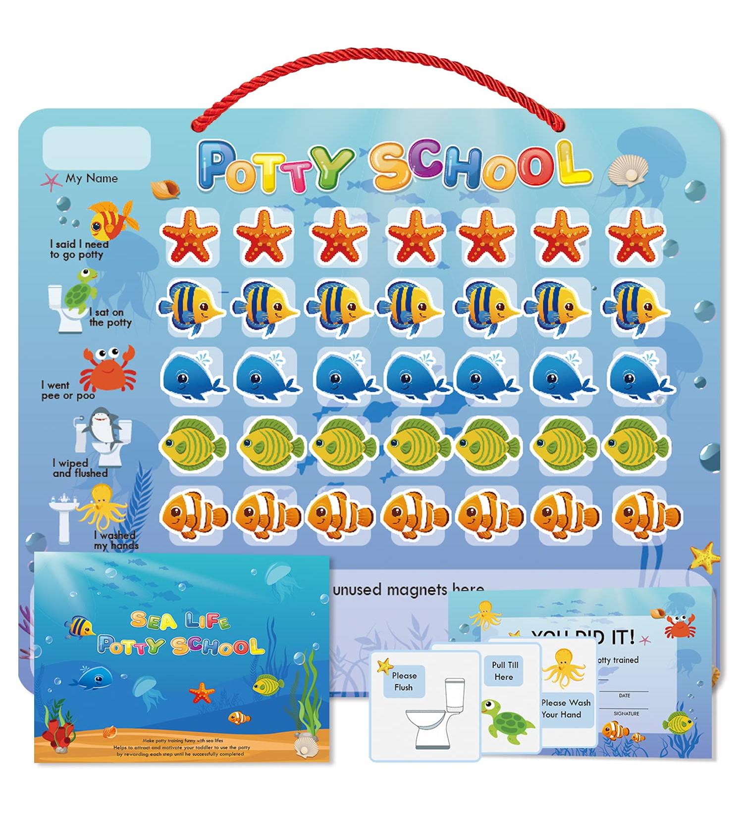 Potty Training Chart for Toddlers | Waterproof Magnetic Reward Chart | Motivational Toilet Training for Kids | Sealife Design | 35 Reusable Magnetic Stickers - Buy Online on GoSupps.com