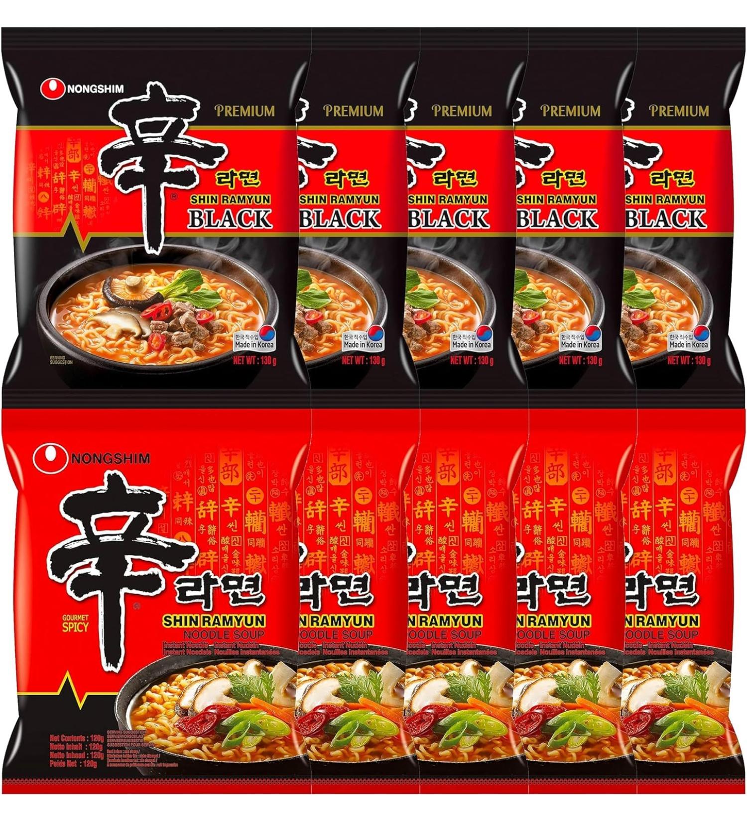 Nong Shim Original & Black Shin Ramyun Korean Spicy Ramen Noodles (Pack of 10) HALAL Original & Black Premium - Buy Online on GoSupps.com