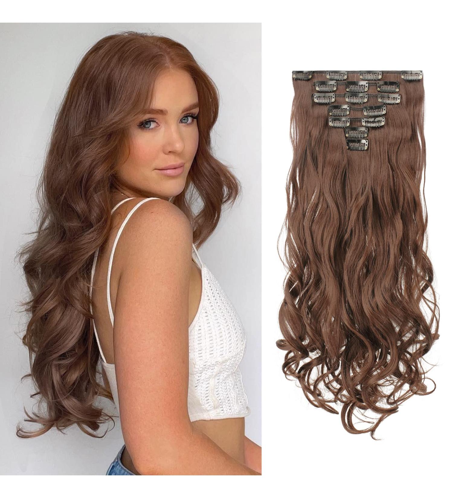 Feshfen Clip-In Hair Extensions Set 7 Parts 16 Clips Wavy Synthetic Hair Light Golden Brown - 50cm for Women - Buy Online on GoSupps.com