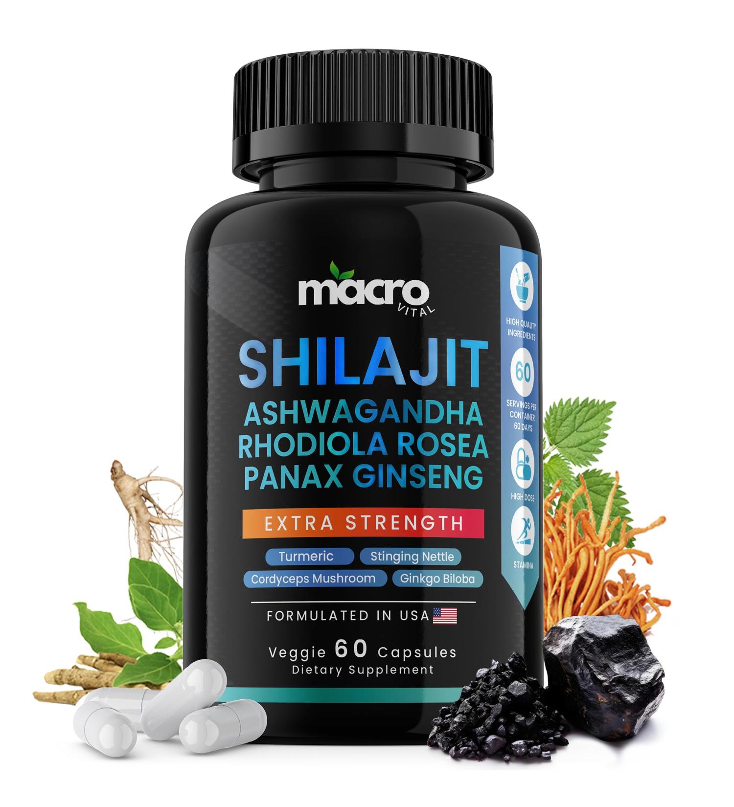 MACRO VITAL Shilajit for Men and Women 8-in-1 Supplement Organic Shilajit Capsules with Ashwaganda Rhodiola Rosea and Panax Ginseng for Energy-Stamina- 60 Veggie Capsules - Buy Online on GoSupps.com