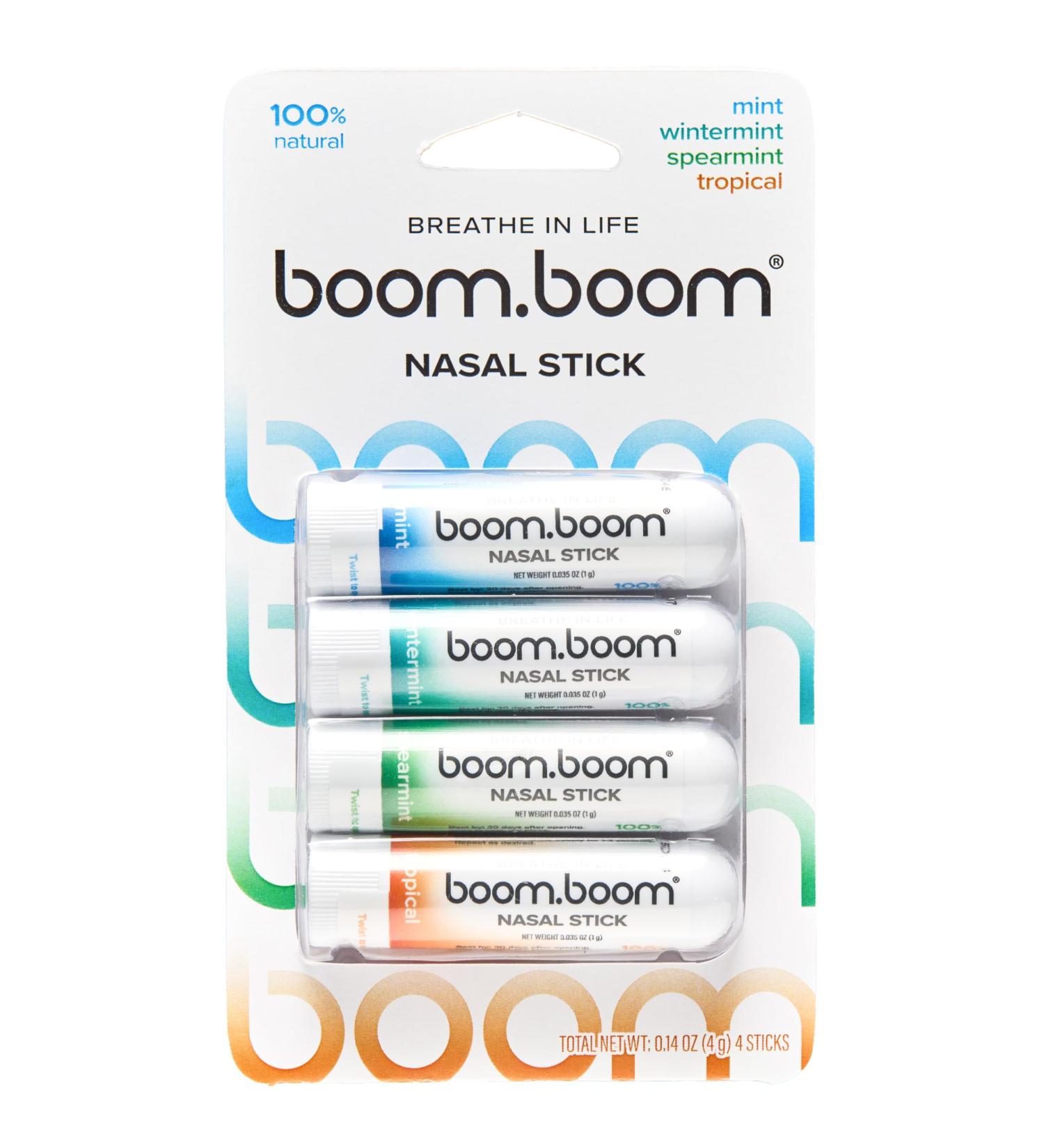 BoomBoom Nasal Stick | Vapor Flow Technology | Cool Refreshing Sensation | Natural Mood Boost | Simple Ingredients | Essential Oils + Menthol Inhaler (Mint Wintermint Tropical Spearmint) 4 Pack Variety - Buy Online on GoSupps.com