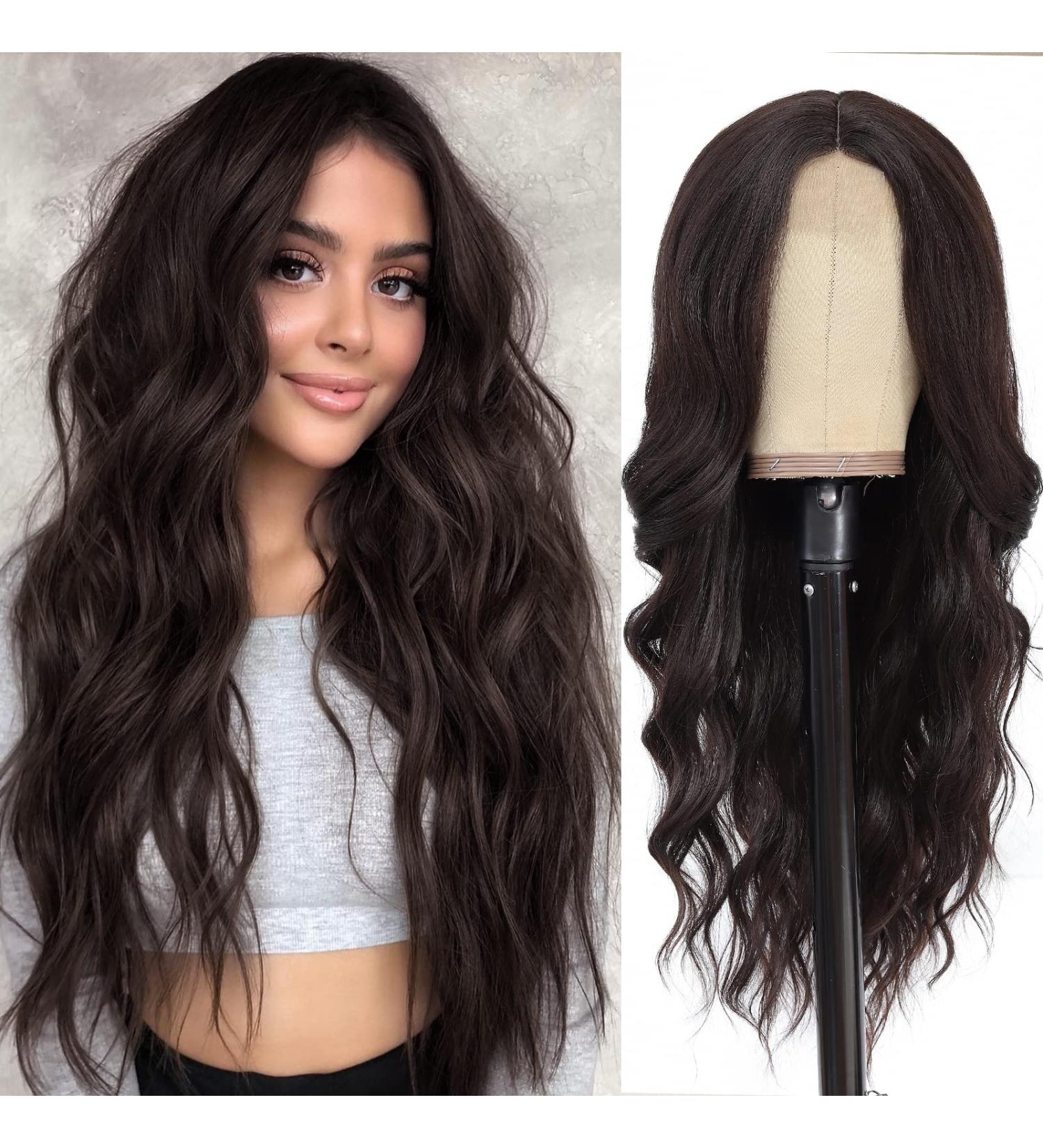 NAYOO 26 Inch Long Dark Brown Wavy Synthetic Wig for Women - Heat Resistant Fibre, Curly Middle Part, Natural Look - Ideal for Daily & Party Wear - Buy Online on GoSupps.com