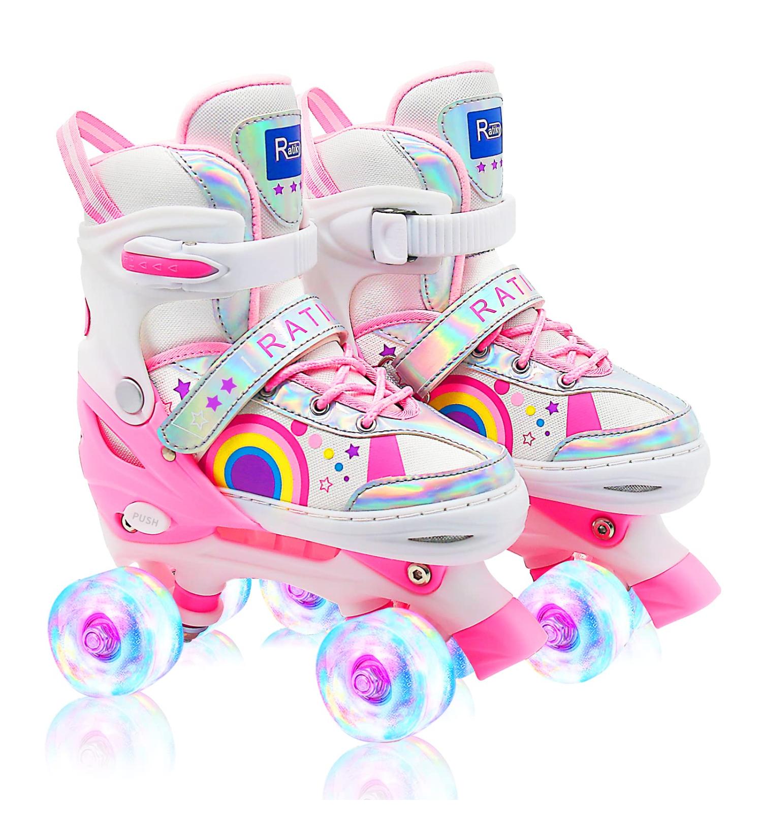RATIKY Kids Roller Skates | Adjustable for Boys Ages 6-12 | 8 Light Up Glow Wheels | Outdoor Roller Skates for Girls | Pink Small Size - Buy Online on GoSupps.com