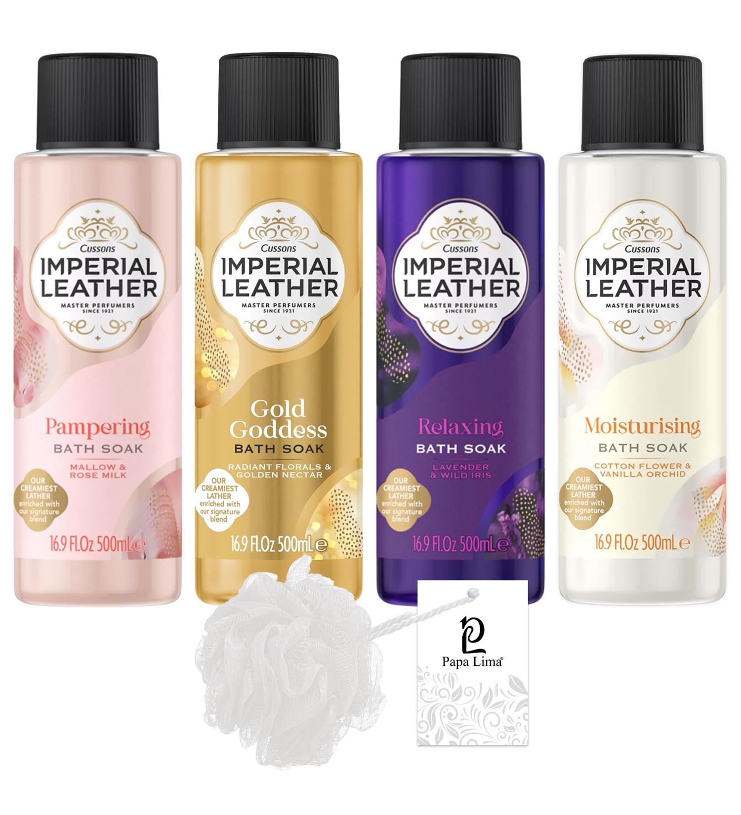 Imperial Leather Bath Soak Bundle - 4 x 500ml | Gold Goddess, Cotton Flower, Vanilla Orchid, Mallow, Rose Milk, Lavender, Iris | with Body Puff - Buy Online on GoSupps.com
