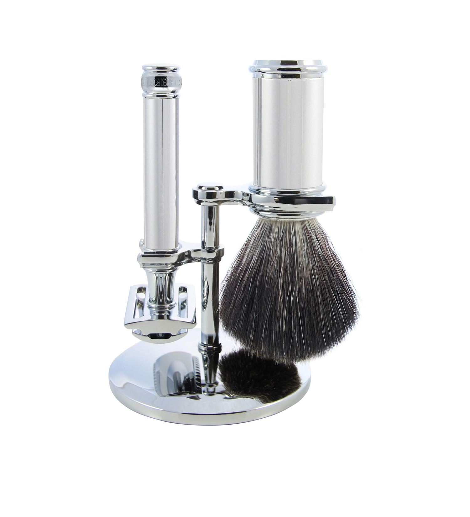 3-piece safety razor set chrome double-sided shaving brush black synthetic fibre with stand chrome-plated
