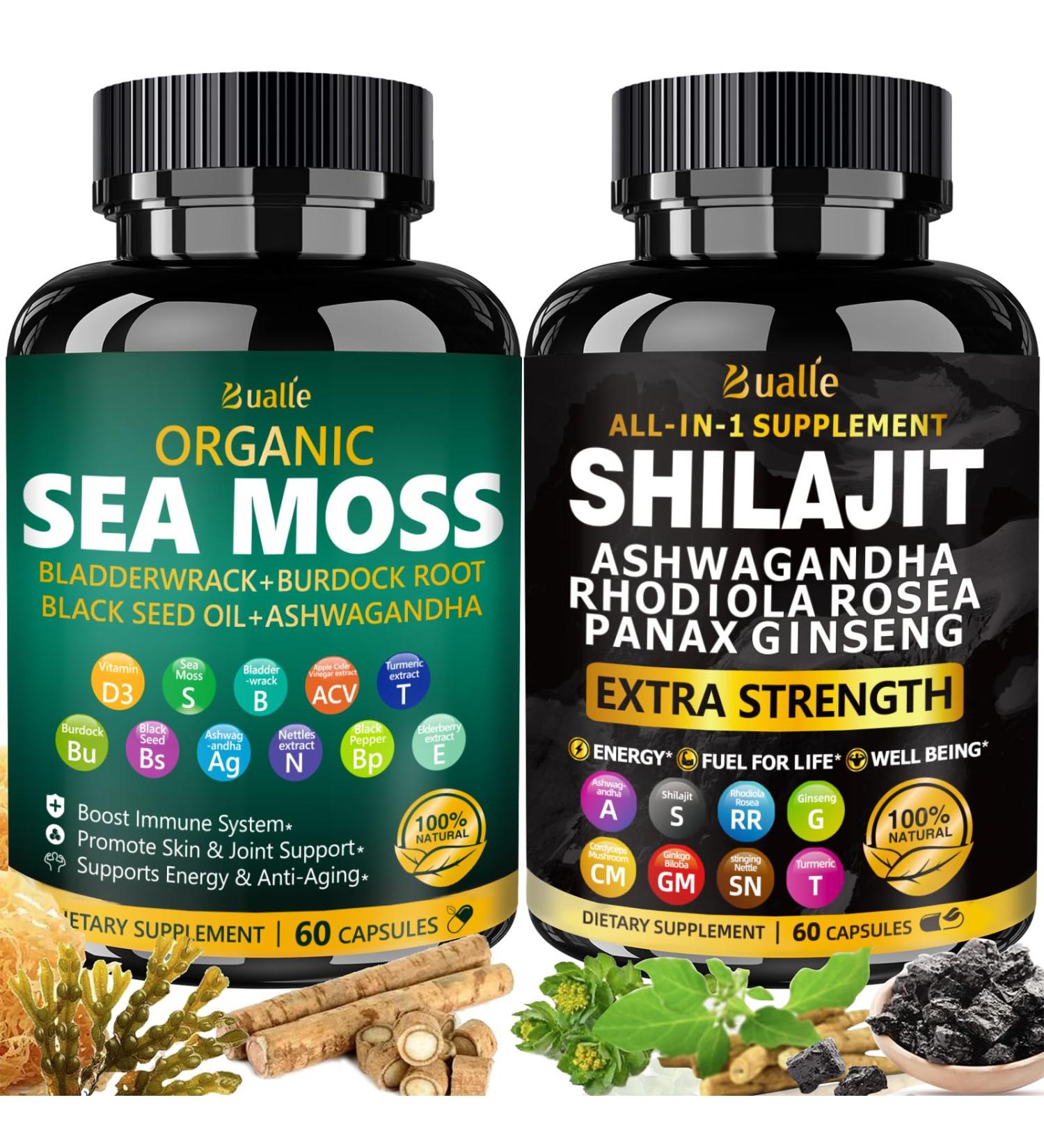 Bualle Sea Moss and Shilajit Bundle-Sea Moss 300mg,Black Seed Oil 100mg,Ashwagandha 50mg,Ginger & Shilajit 300mg,Rhodiola Rosea 100mg,Panax Ginseng 50mg,All in 1 Supplements-USA Made(2 Pack) 60 Count (Pack of 2) Sea Moss Sh  - Buy Online on GoSupps.com
