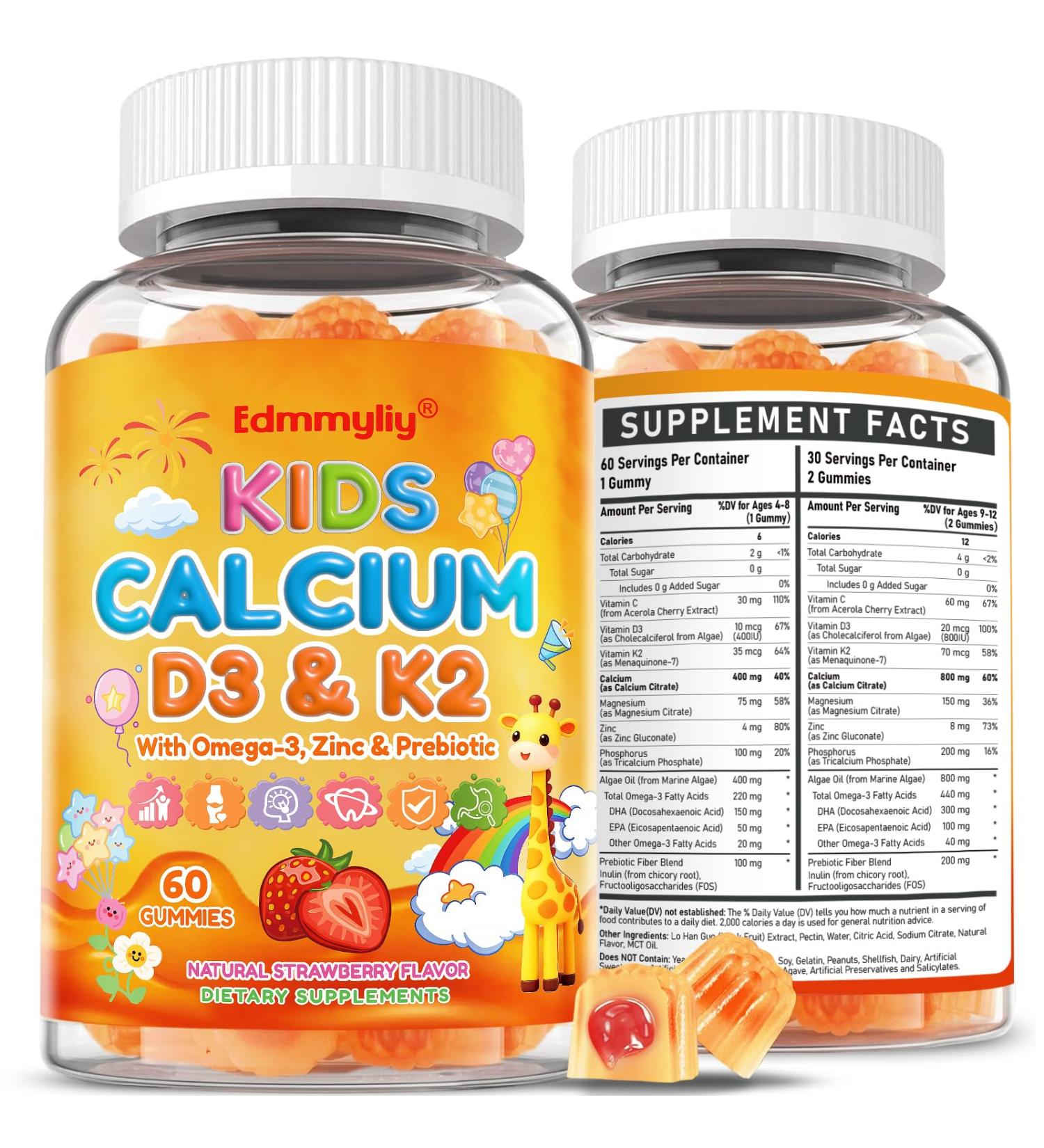Kids Calcium Gummies with Vitamin D3 K2 - Calcium Citrate with Magnesium, Zinc, Omega-3 and Probiotics for Kids Bone Health, Digestive & Development Support - Sugar Free Gummies, Non-GMO, Vegan Strawberry 60 Count (Pack of 2) - Buy Online on GoSupps.com