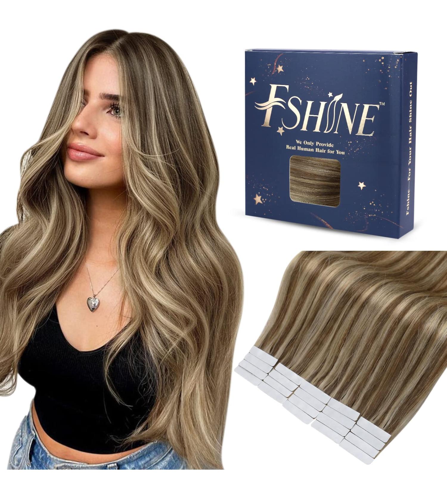 FSHINE Real Hair Extensions - 30cm PU Double-Sided Tape | Volume 4 Medium Brown & Blonde Highlights | #4P27 - Shop Internationally! - Buy Online on GoSupps.com