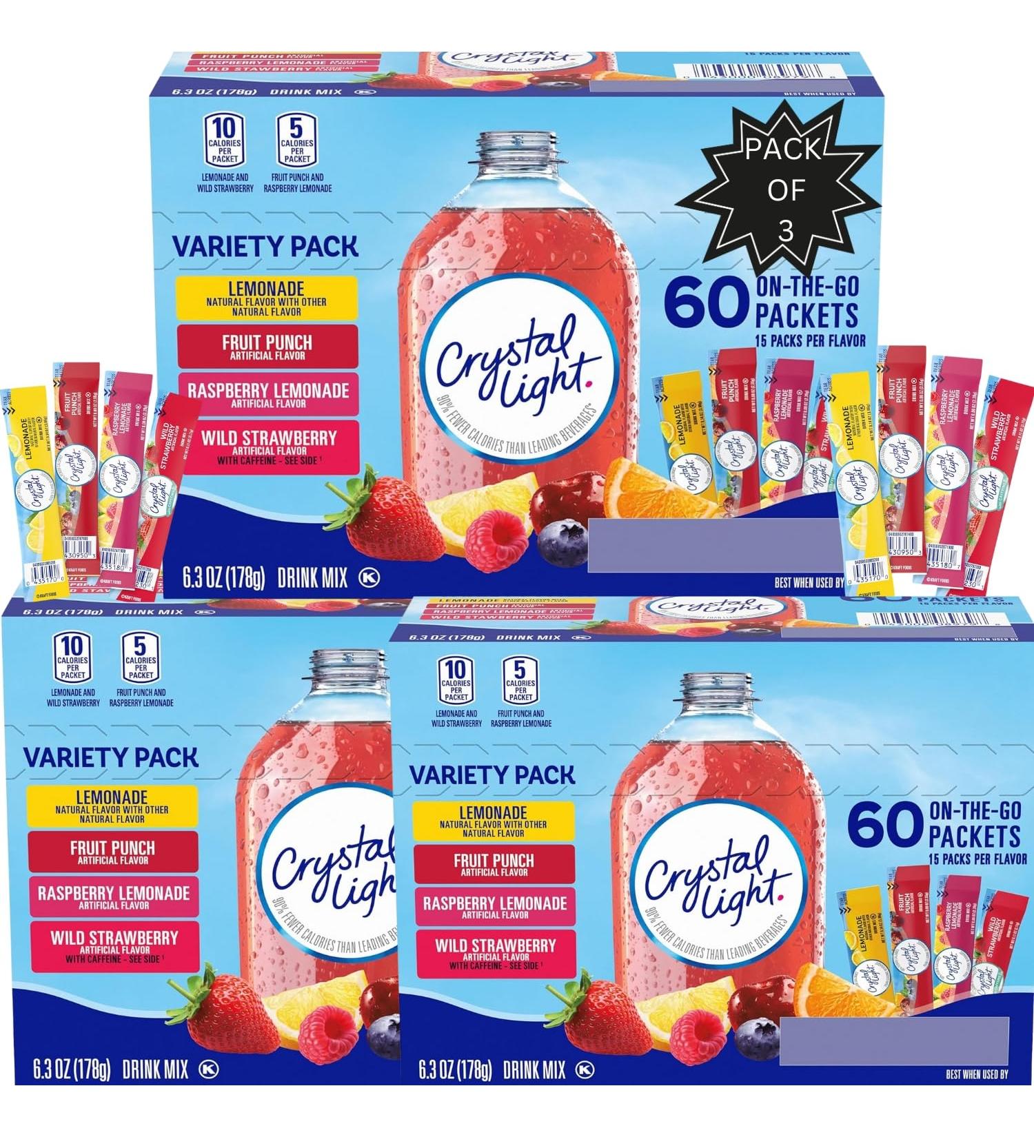 Crystal light On the Go 180 Ct. - Variety Pack OF 3 (Lemonade Fruit Punch Raspberry Lemonade Wild Strawberry)