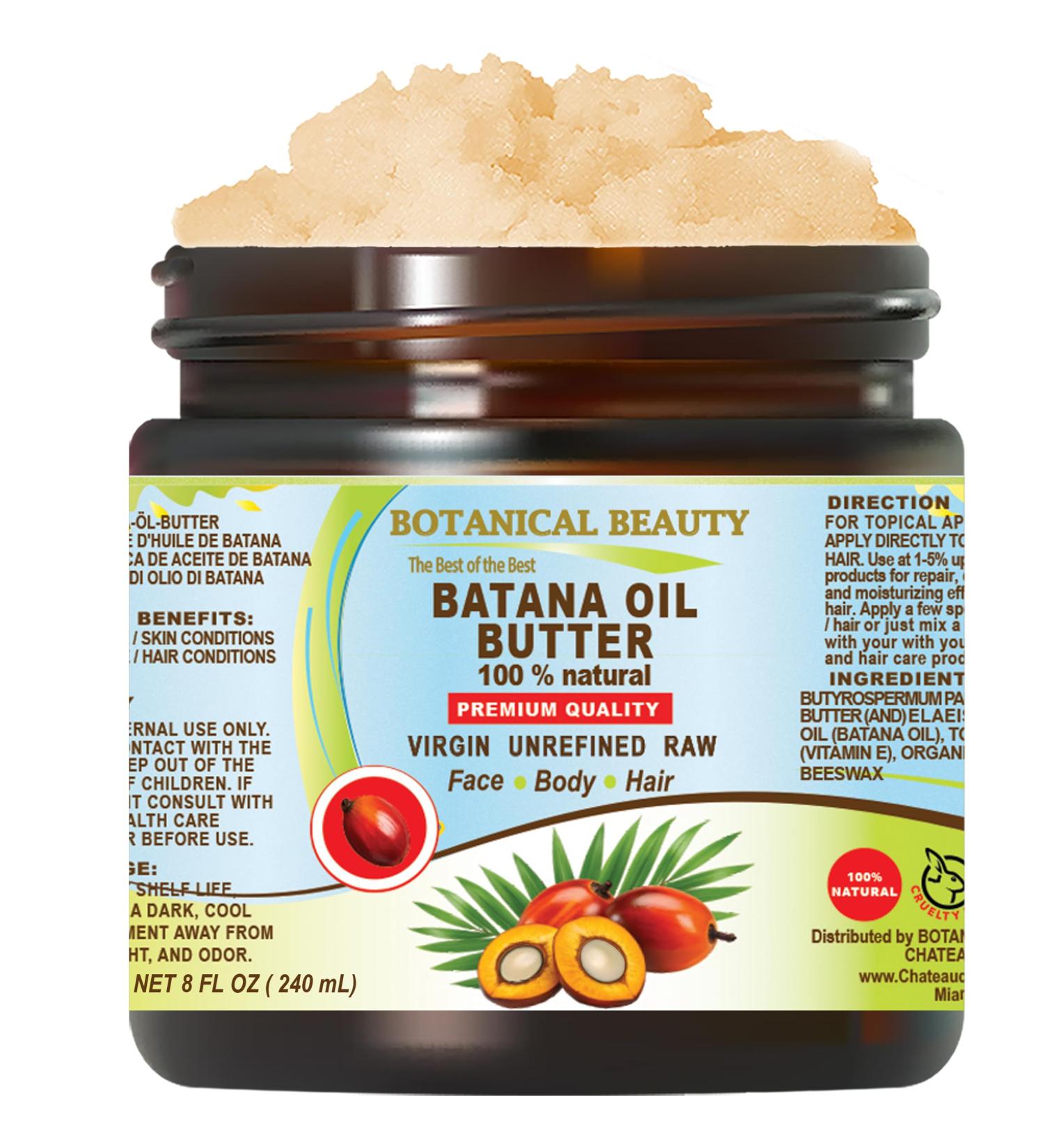 Botanical Beauty BATANA OIL BUTTER 100% Natural Pure Virgin Unrefined Raw for FACE SKIN BODY HAIR NAILS DRY SKIN. Batana Oil Shea Nut Butter Vitamin E Beeswax. 8 Fl oz 240 ml