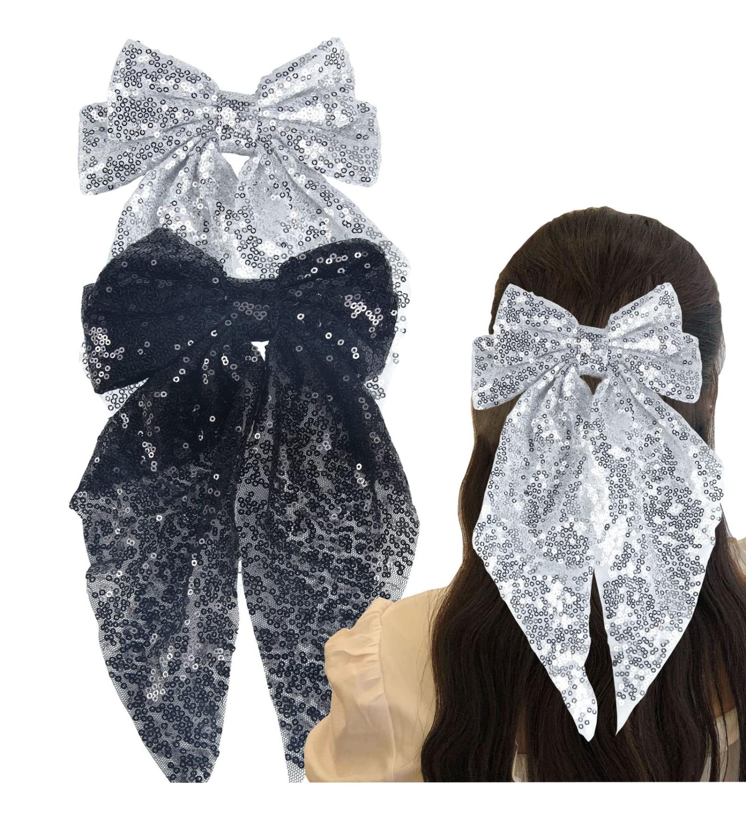 SALOCY Big Glitter Hair Bow Barrette Clip for Women Girls - 8 Inch Black+Silver Hair Accessory - Buy Online on GoSupps.com