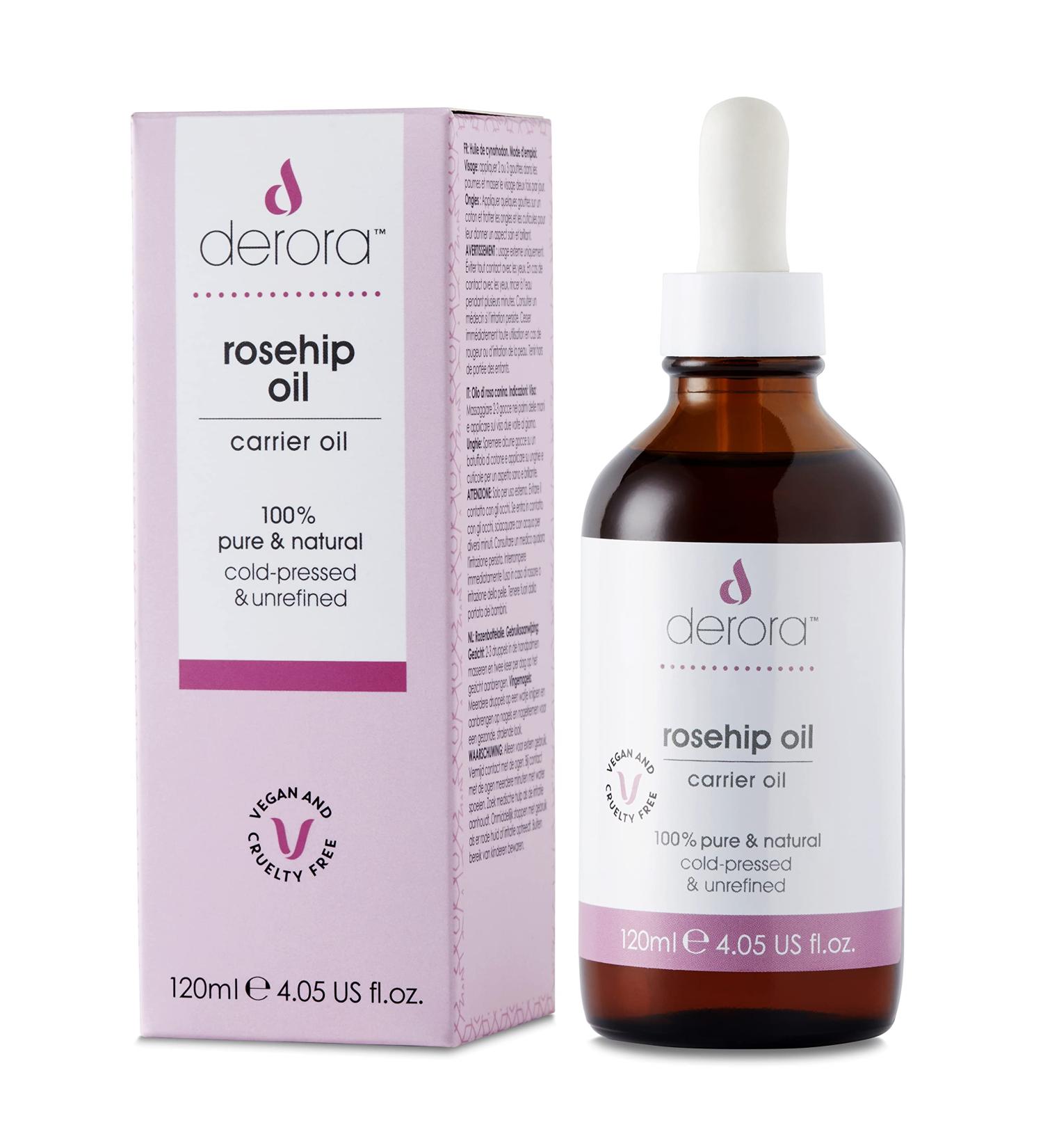 Derora Rosehip Oil | Nourishes Skin Hair & Nails | 100% Pure & Natural | Cold Pressed & Unrefined | Antioxidant & Vitamin A C & E Rich | All Skin Types | Vegan & Cruelty Free (120ml) - Buy Online on GoSupps.com