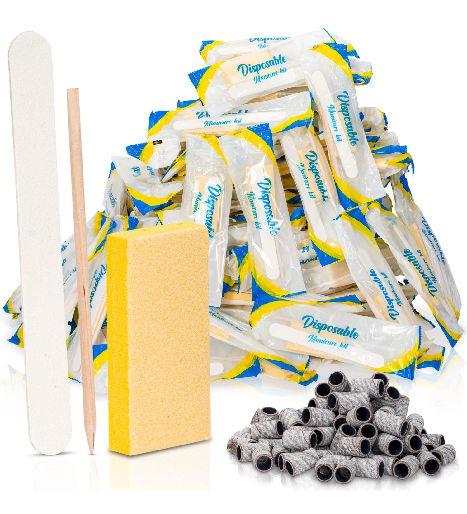 Disposable Manicure Pedicure Kit - Set of 300 Nail Salon Supplies with File, Buffer, Wood Stick, and Sanding Bands - Buy Online on GoSupps.com