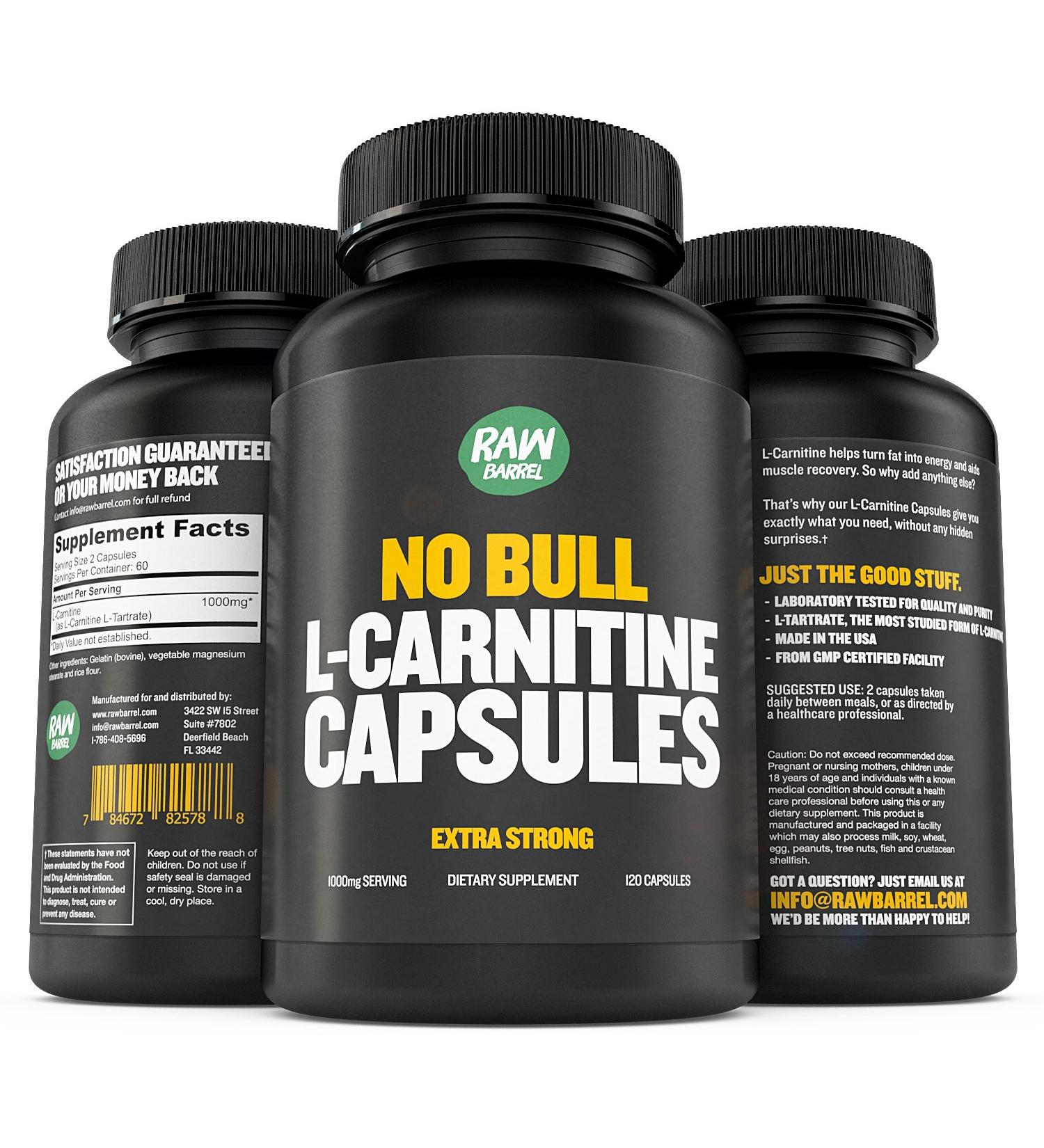 L-Carnitine Capsules 1000mg - Pure Natural Extra Strength Supplement for Energy, Performance & Metabolism - 120 Pills by Raw Barrel - Buy Online on GoSupps.com