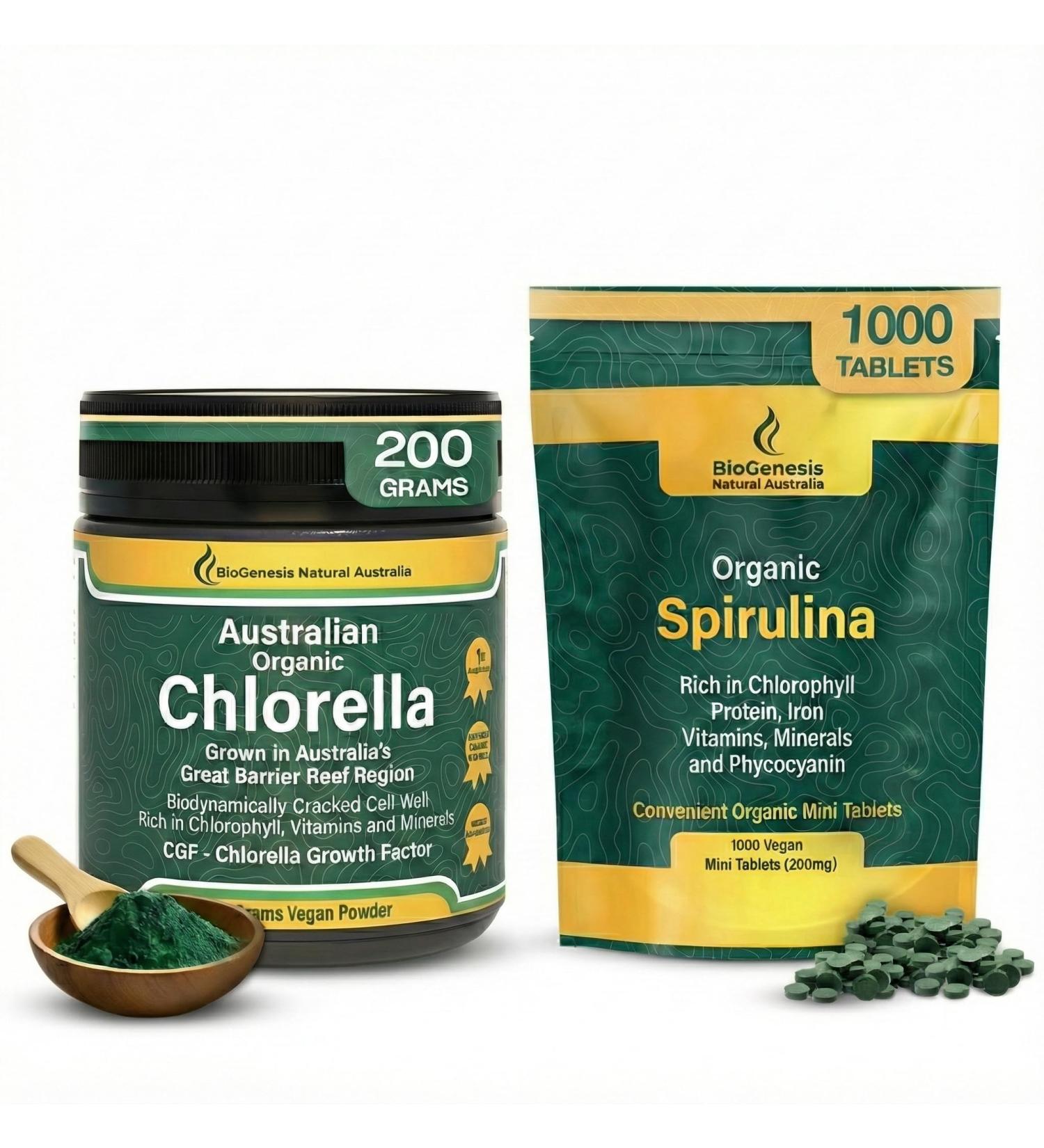 Biogenesis Organic Bundle: Spirulina Mini Tabs (1000 ct) + Chlorella Powder (200g) Australian Grown BioDynamic Cracked Cell Wall & Rich in B Vitamins Complete Vegan Wholefood Supplement - Buy Online on GoSupps.com