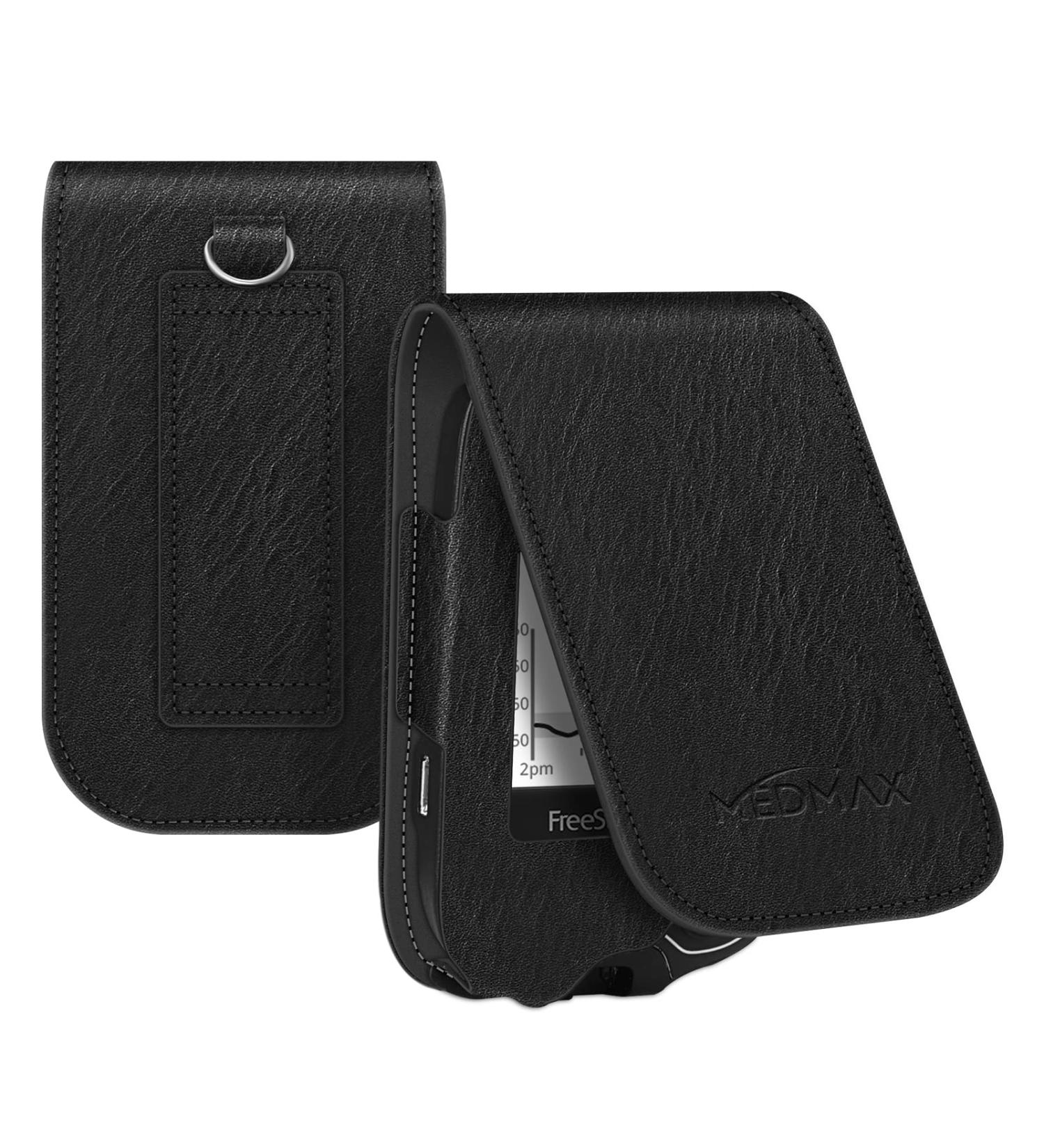 MedMax Freestyle Libre 2 PU Leather Protective Case - Lightweight Shockproof Diabetic Storage with Carabiner Clip - Black - Buy Online on GoSupps.com