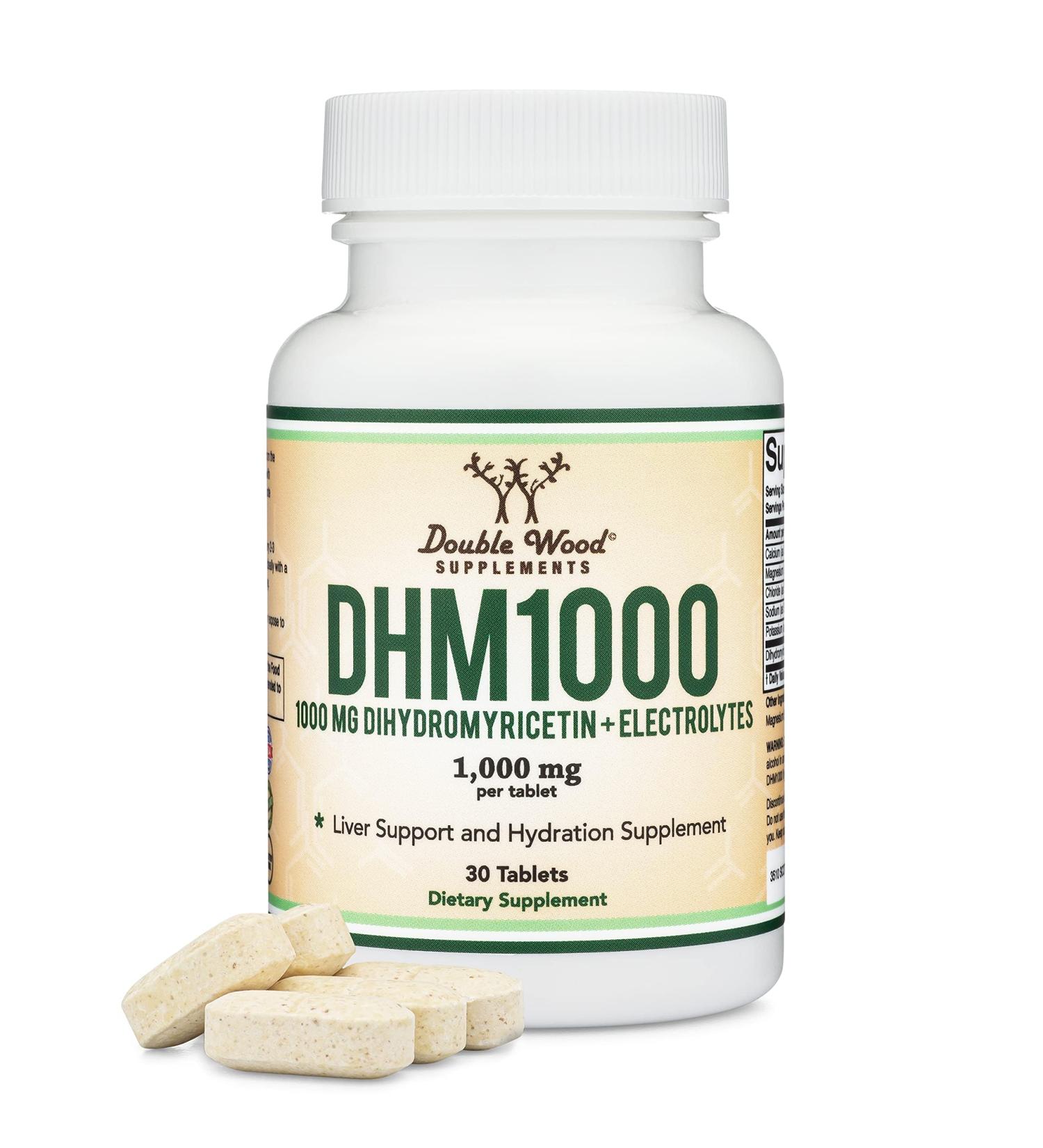 DHM1000 Dihydromyricetin (DHM) Tablets - Most Powerful DHM Supplement on The Market - 1,000mg (30 Count) Enhanced with Electrolytes for Hydration and Liver Support by Double Wood - Buy Online on GoSupps.com