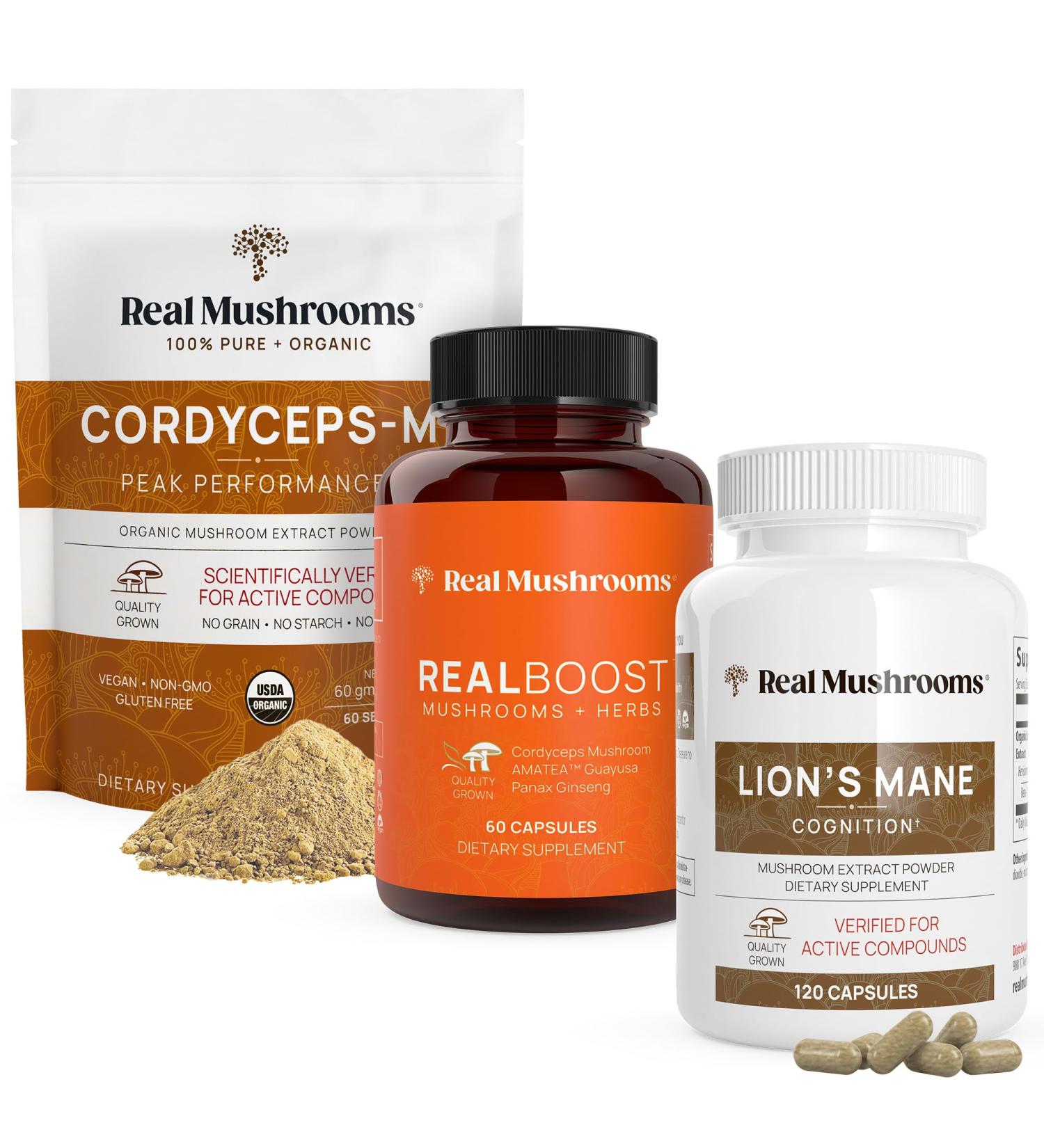 Real Mushrooms RealBoost (60ct) Lions Mane (120ct) & Cordyceps Mushroom Powder & Capsules Bundle - Mushroom Supplement for Energy Vitality Endurance & Cognition - Vegan Non-GMO - Buy Online on GoSupps.com