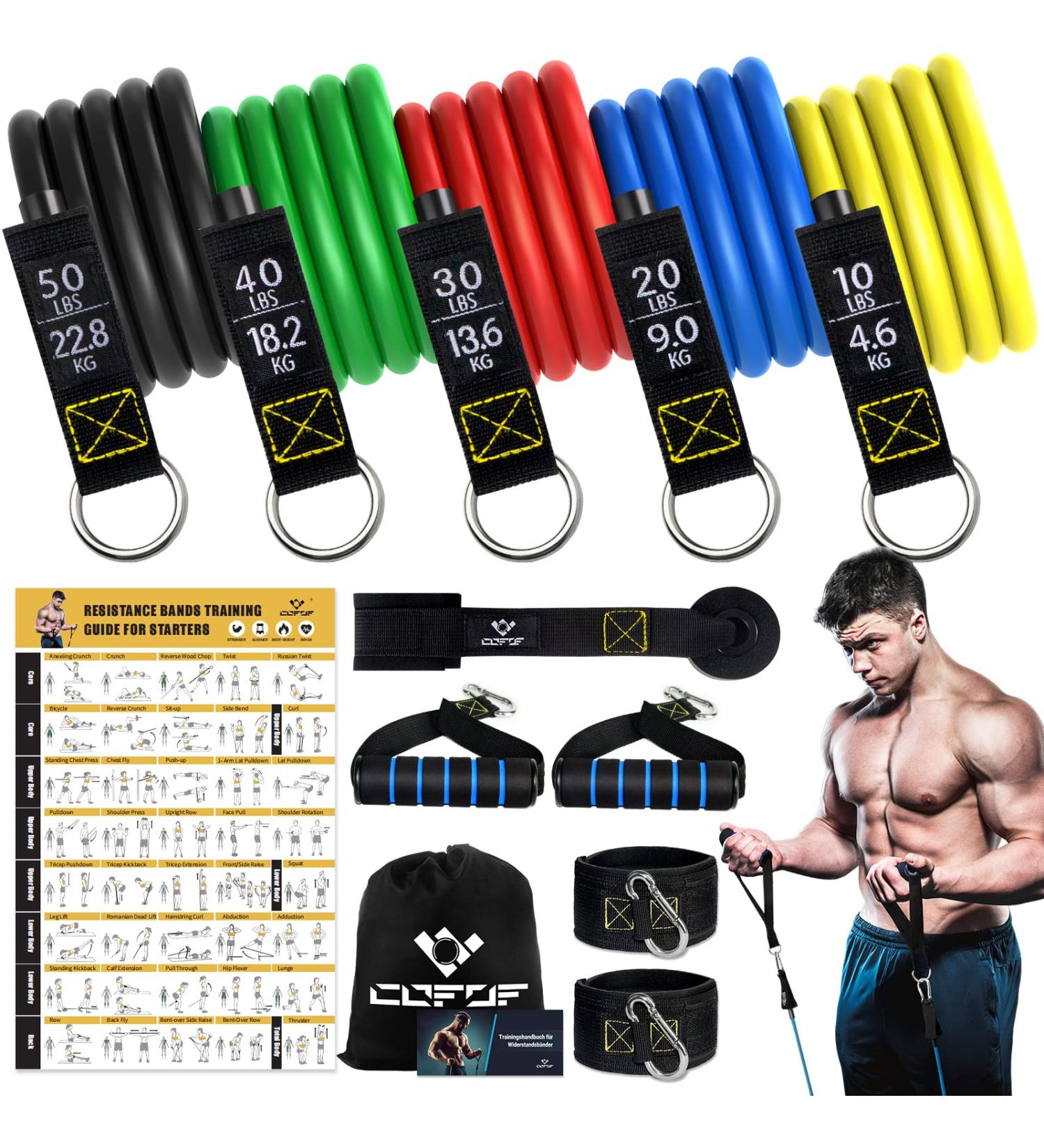 5-Piece Resistance Bands Set - Fitness Straps with Handles Ankle Strap & Door Attachment for Pilates & Strength Training - 150LBS - Buy Online on GoSupps.com