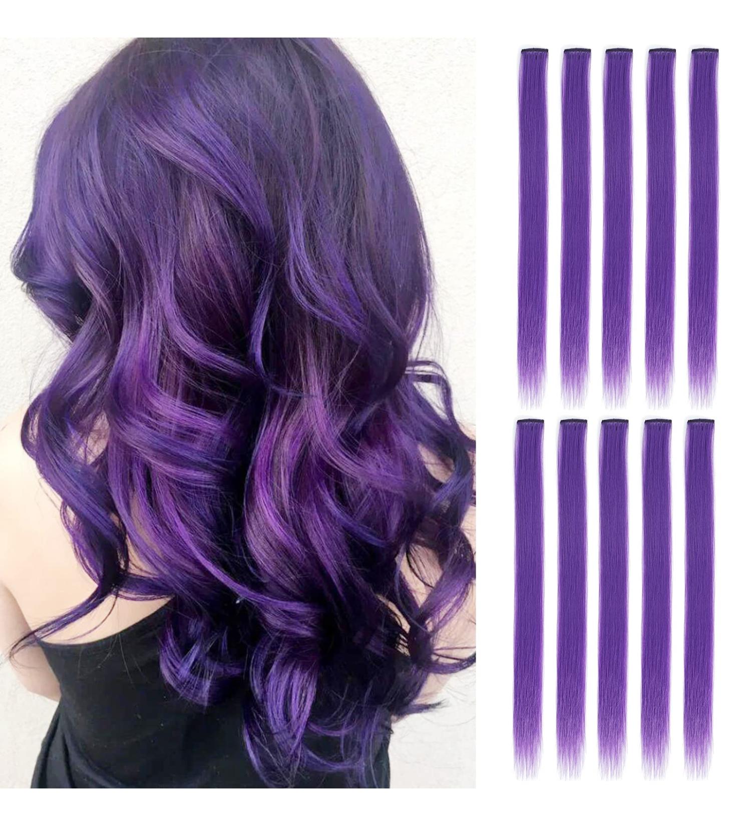 Dark Purple Colored Hair Extensions 22 Inch Straight Clip in Synthetic Hairpieces - 10 Pcs for Party, Halloween, Christmas, Cosplay - Sleek & Cute - Hightlight Colorful Hair Streaks - Buy Online on GoSupps.com