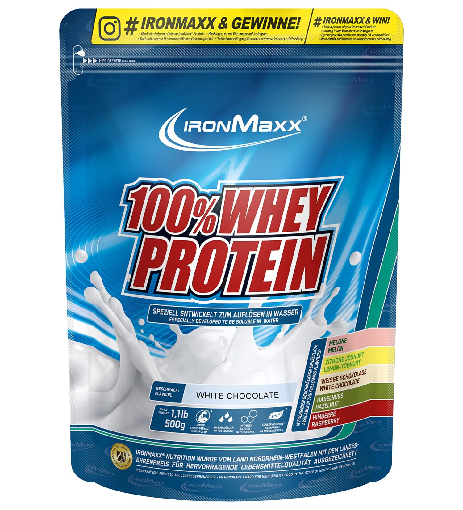 Ironmaxx 100% Whey Protein Powder - White Chocolate 500g | Water-Soluble Low-Sugar Protein | Multiple Delicious Flavors Available - Shop Now! - Buy Online on GoSupps.com
