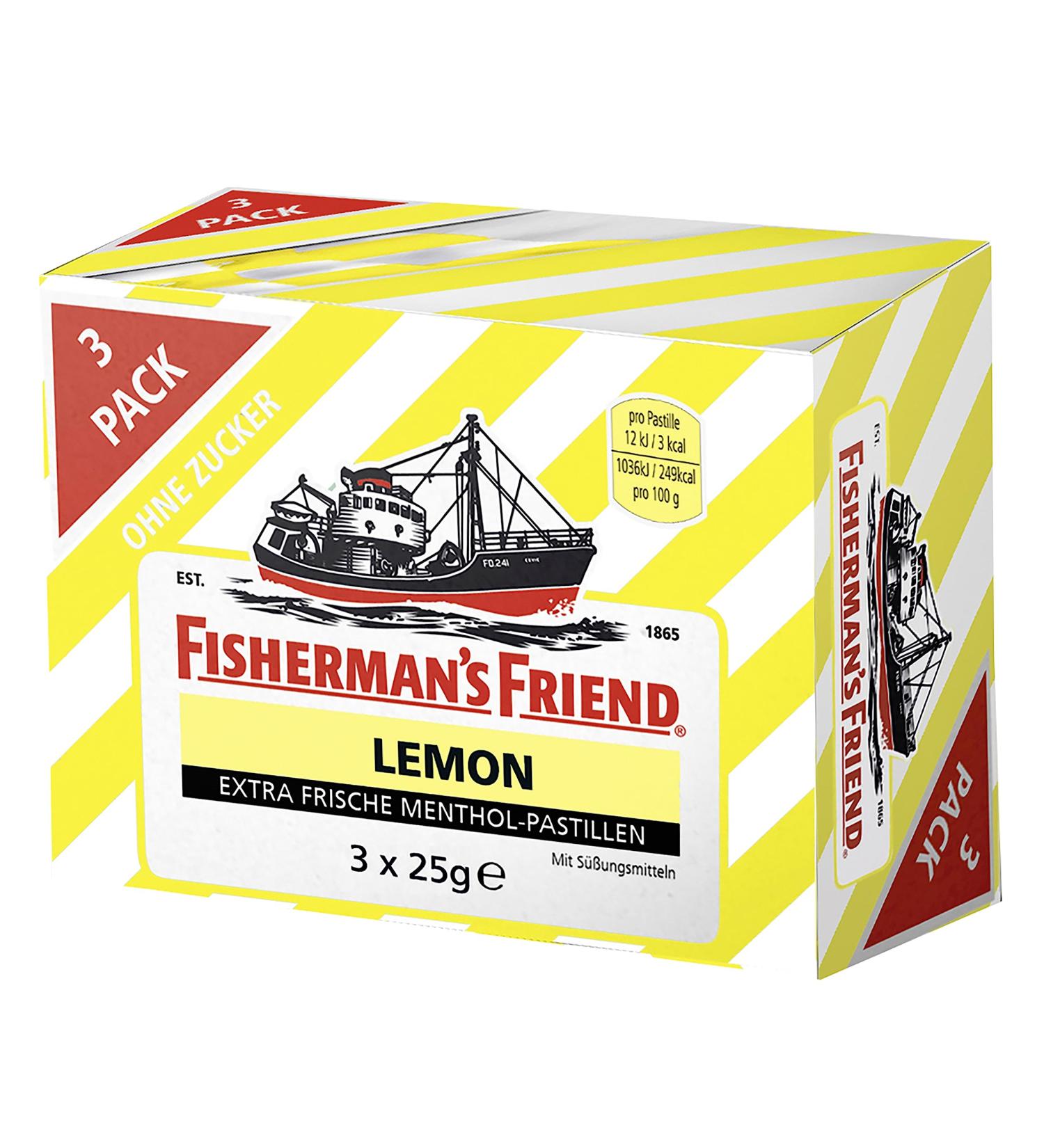 Fisherman's Friend Lemon & Menthol 3-Pack - Sugar-Free Vegan Candies for Fresh Breath (75g) - Buy Online on GoSupps.com