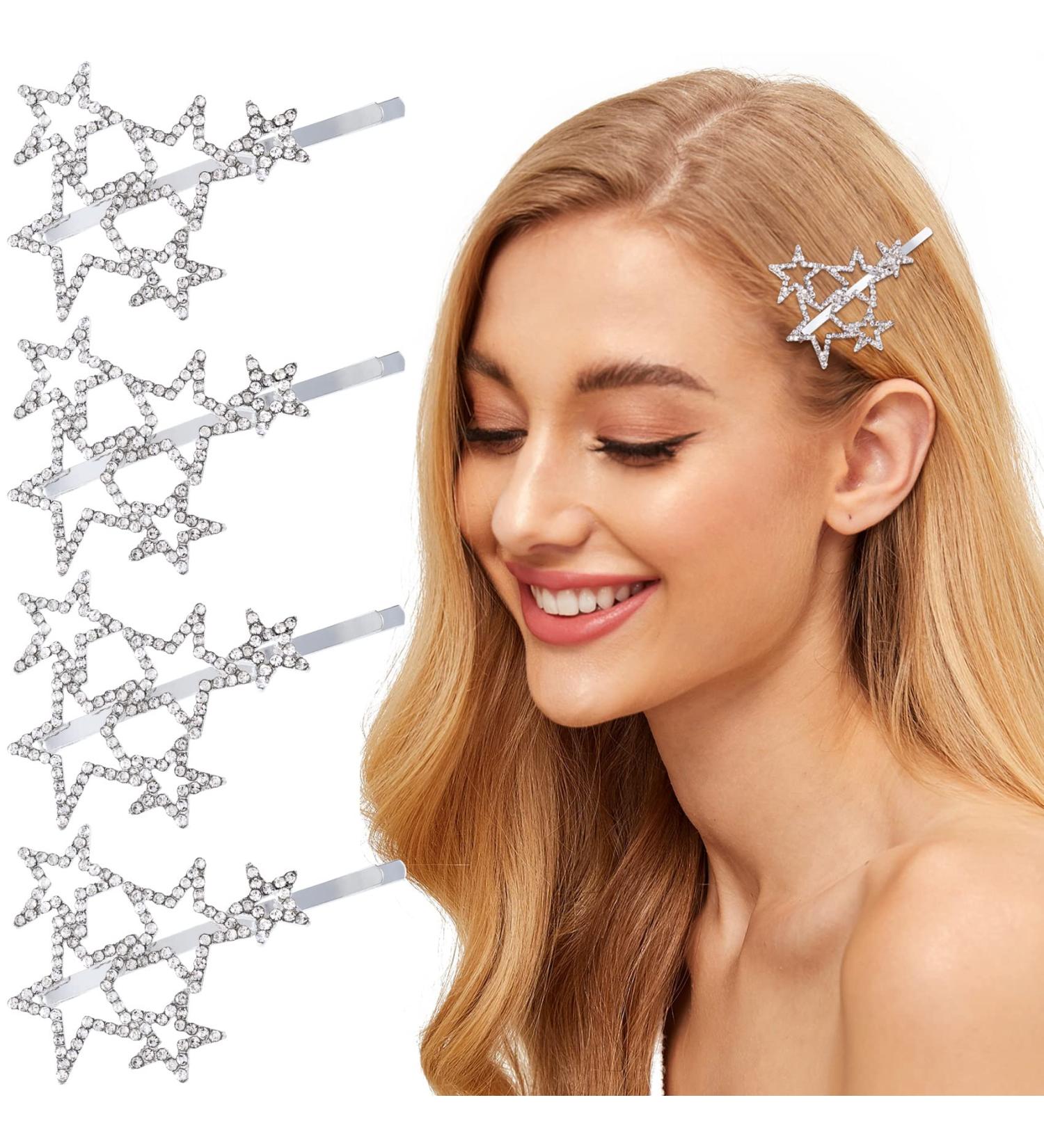 OIIKI Hollow Star Hair Clips 4pcs - Silver Rhinestone Barrettes for Women - Elegant Metal Hair Pins for Styling - Perfect for Parties & Weddings - Buy Online on GoSupps.com