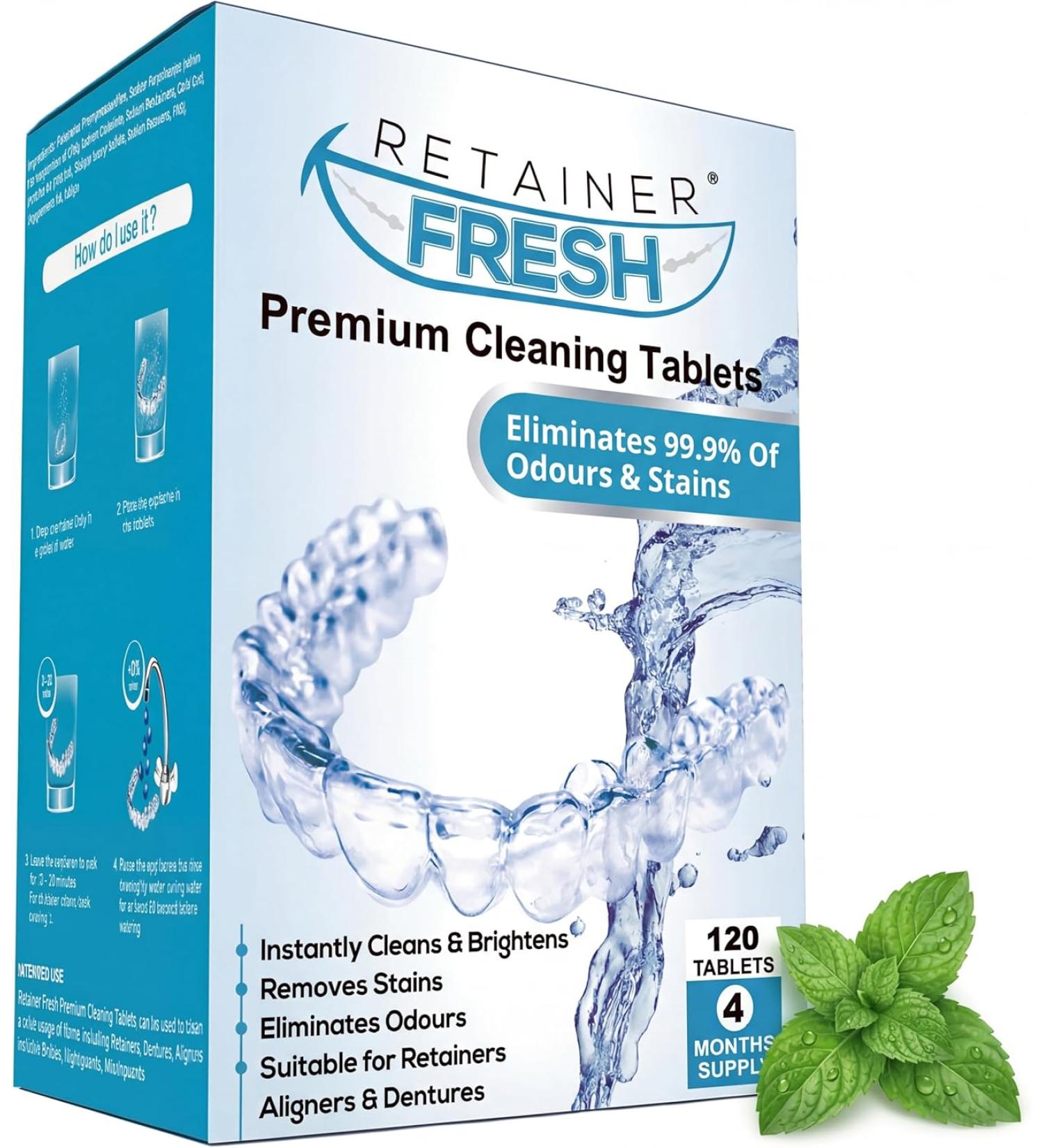 Retainer Cleaning Tablets - 120 Count for 4 Months Supply - Stain-Free & Fresh Brite - Cleaner for Retainer, Mouth Guard, Dentures, Aligners - Buy Online on GoSupps.com