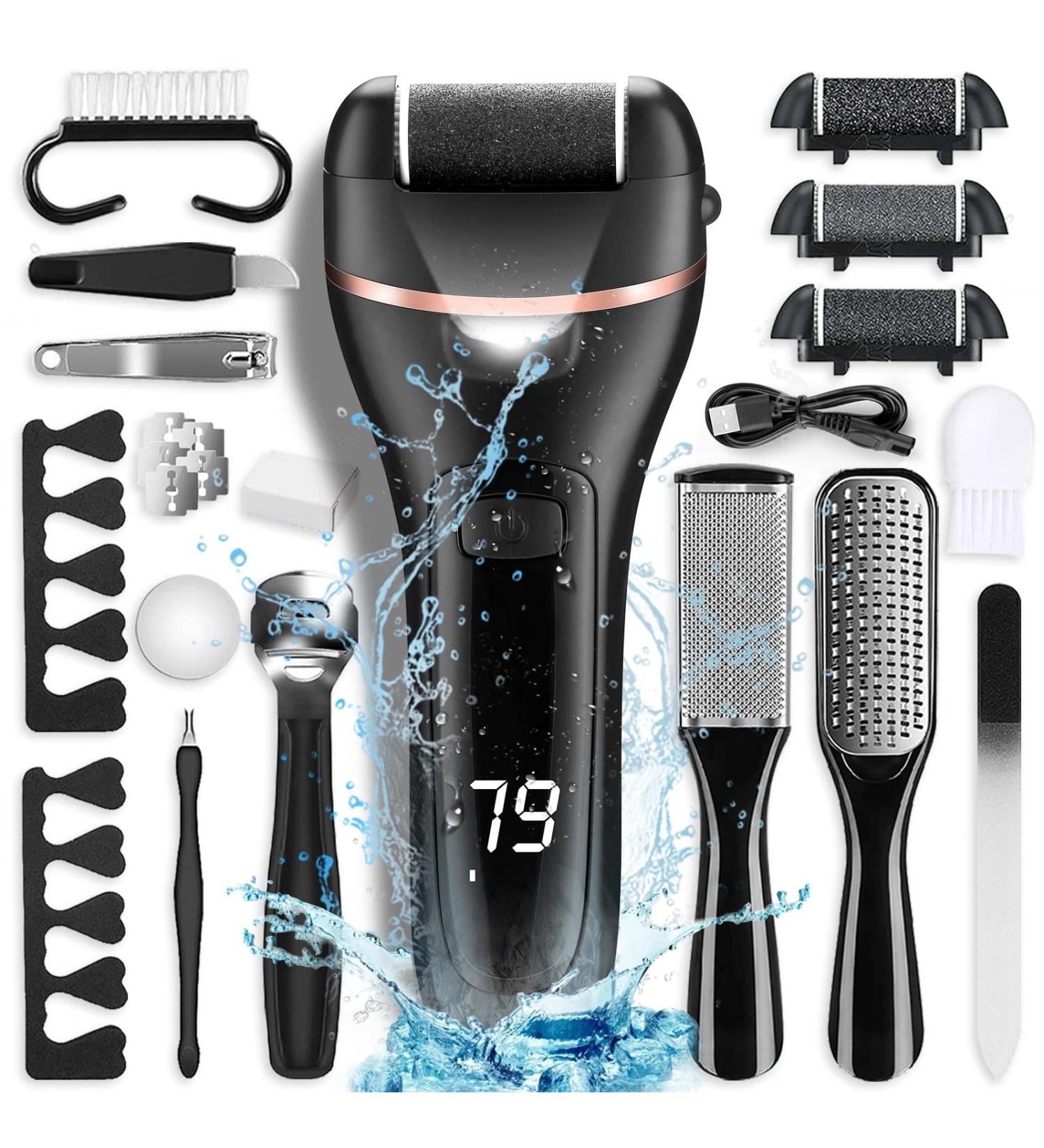 Electric Callus Remover for Feet | Rechargeable Waterproof Pedicure Kit with 22 Tools | Wet & Dry Foot File for Dead Skin & Cracked Heels | 3 Roller Heads, 2 Speeds - Buy Online on GoSupps.com
