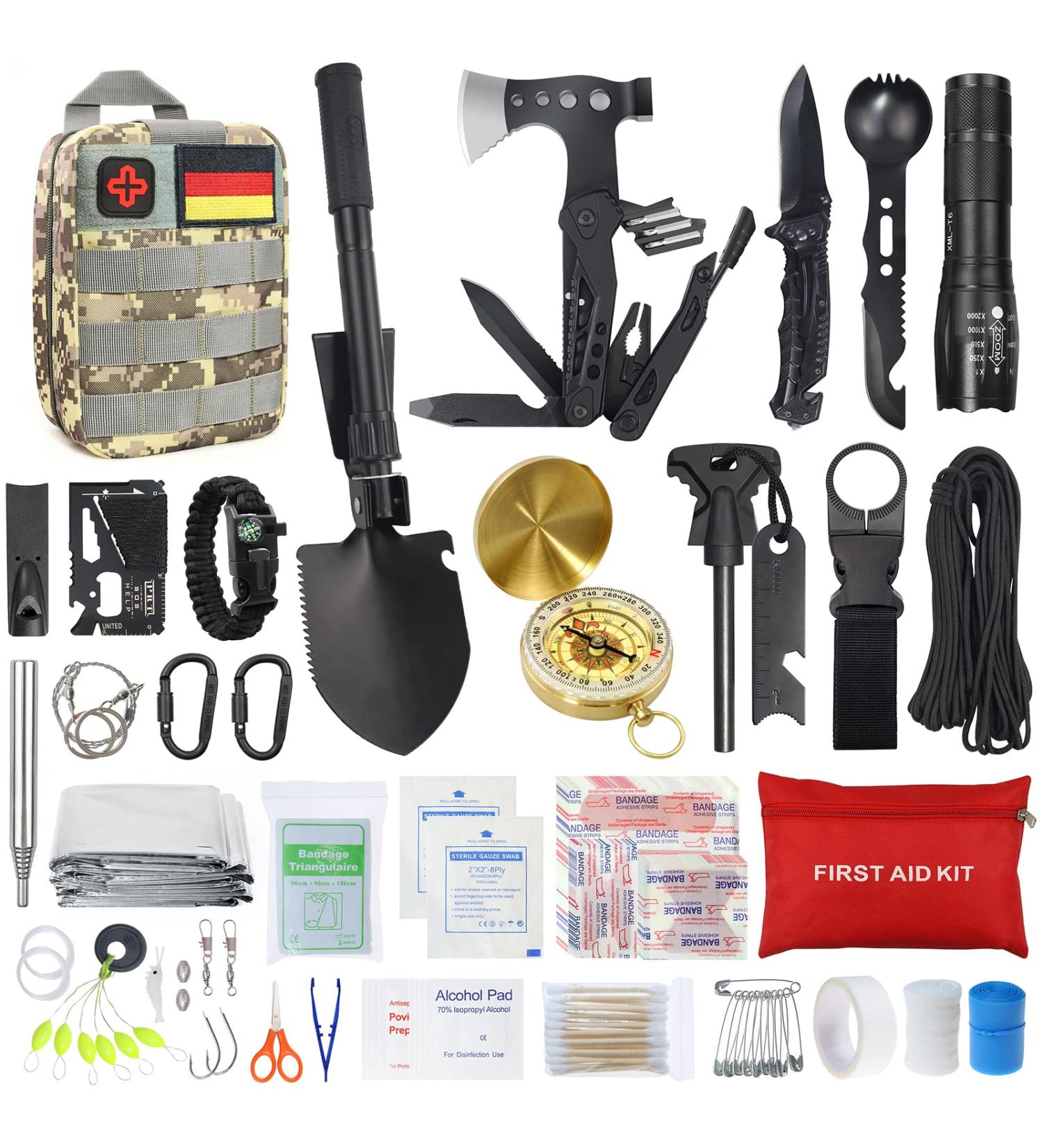 Ultimate Emergency Survival Kit - First Aid Set Multi-Tool Ax Folding Spade & More | Perfect Gifts for Camping Hiking & Outdoor Adventures - Buy Online on GoSupps.com