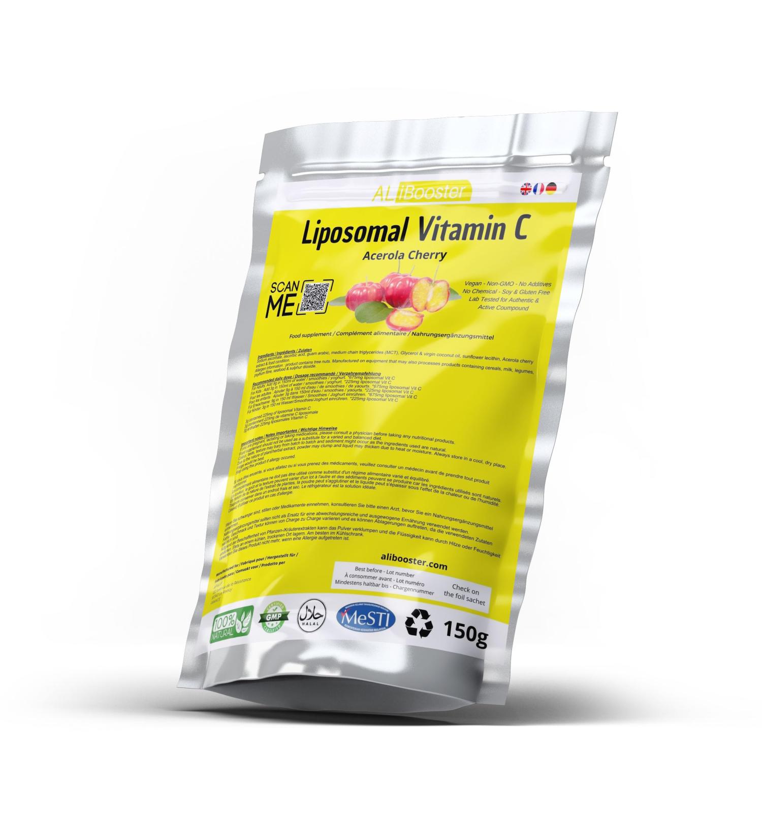  ALIBOOSTER Liposomal Vitamin C + Standardized Acerola Cherry Extract Powder 150g Pure 100% Natural No Additive for Soup Smoothies Coffee Beverages Pastries - Buy Online on GoSupps.com