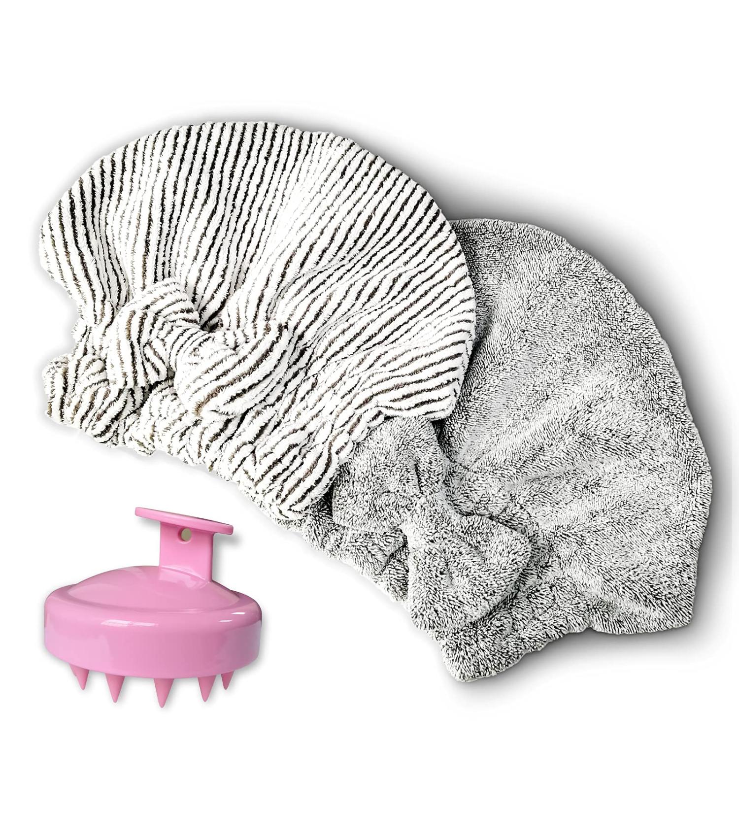 Microfiber Hair Towel Cap Set with Hair Shampoo Brush - Soft & Absorbent for Curly Thick Hair - Women Girls - Stripe & Gray - Buy Online on GoSupps.com