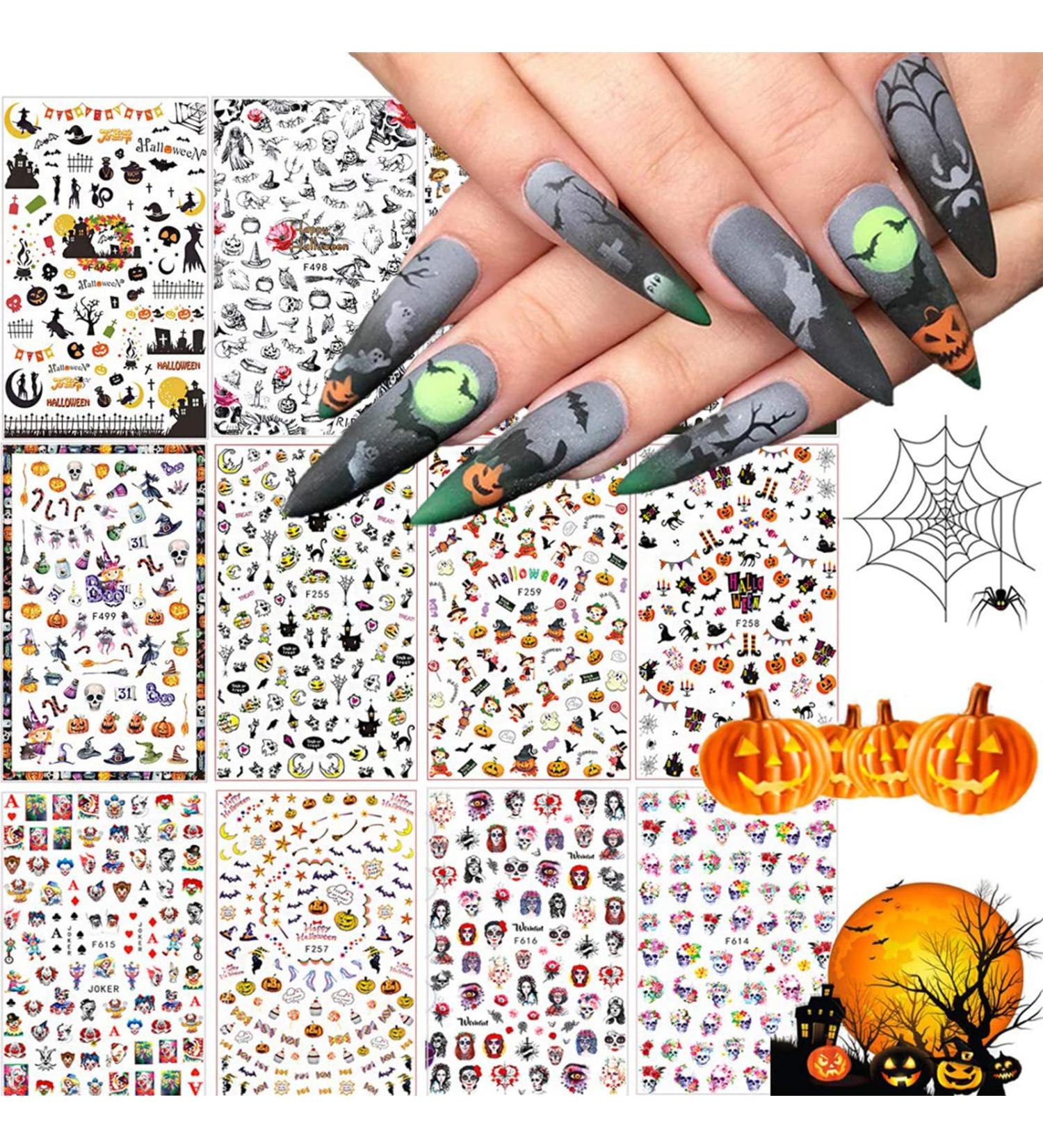 Kalolary 12 Sheets Halloween Nail Art Stickers Decals DIY Self-Adhesive Nail Sticker Decals Nail Art Tips Stencil Nail Decorations for Halloween Party Include Pumpkin/Bat/Ghost/Witch etc - Buy Online on GoSupps.com