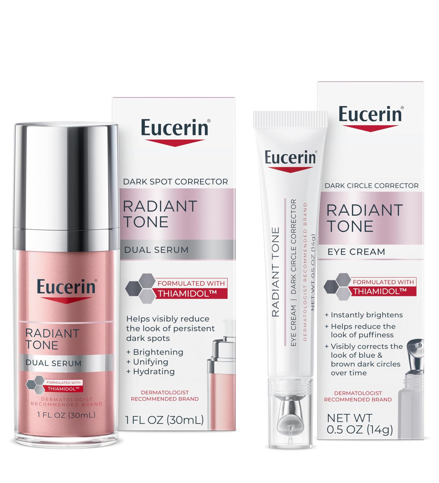Eucerin Radiant Tone Dual Serum Dark Spot Corrector Dark Spot Serum with Thiamidol and Hyaluronic Acid+ Eye Cream Dark Circle Corrector Eye Brightening Cream with Thiamidol and Hyaluronic Acid Serum+Eye Cream - Buy Online on GoSupps.com