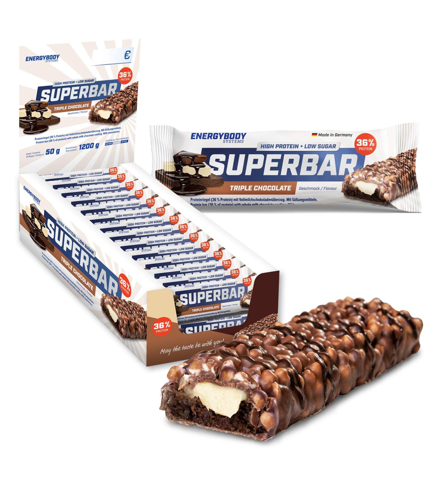 Energybody Superbar Triple Chocolate Protein Bar - 24x50g 36% Protein Low Sugar & Low Carb Snacks - Buy Online on GoSupps.com
