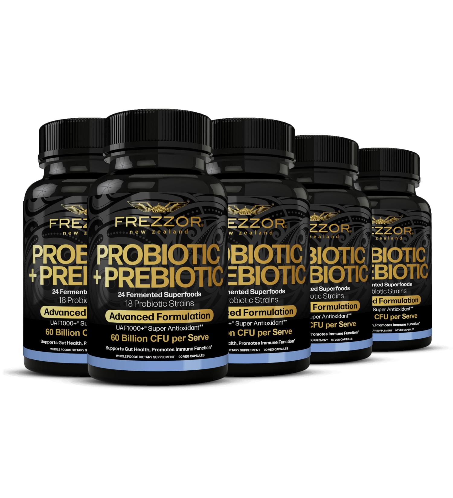 FREZZOR Probiotic + Prebiotic Capsules Once Daily 60 Billion CFUs Digestive Health for Men and Women 18 Strains Shelf Stable With Fermented Wholefoods Prebiotic & Fibre 450 caps 5 Month Supply