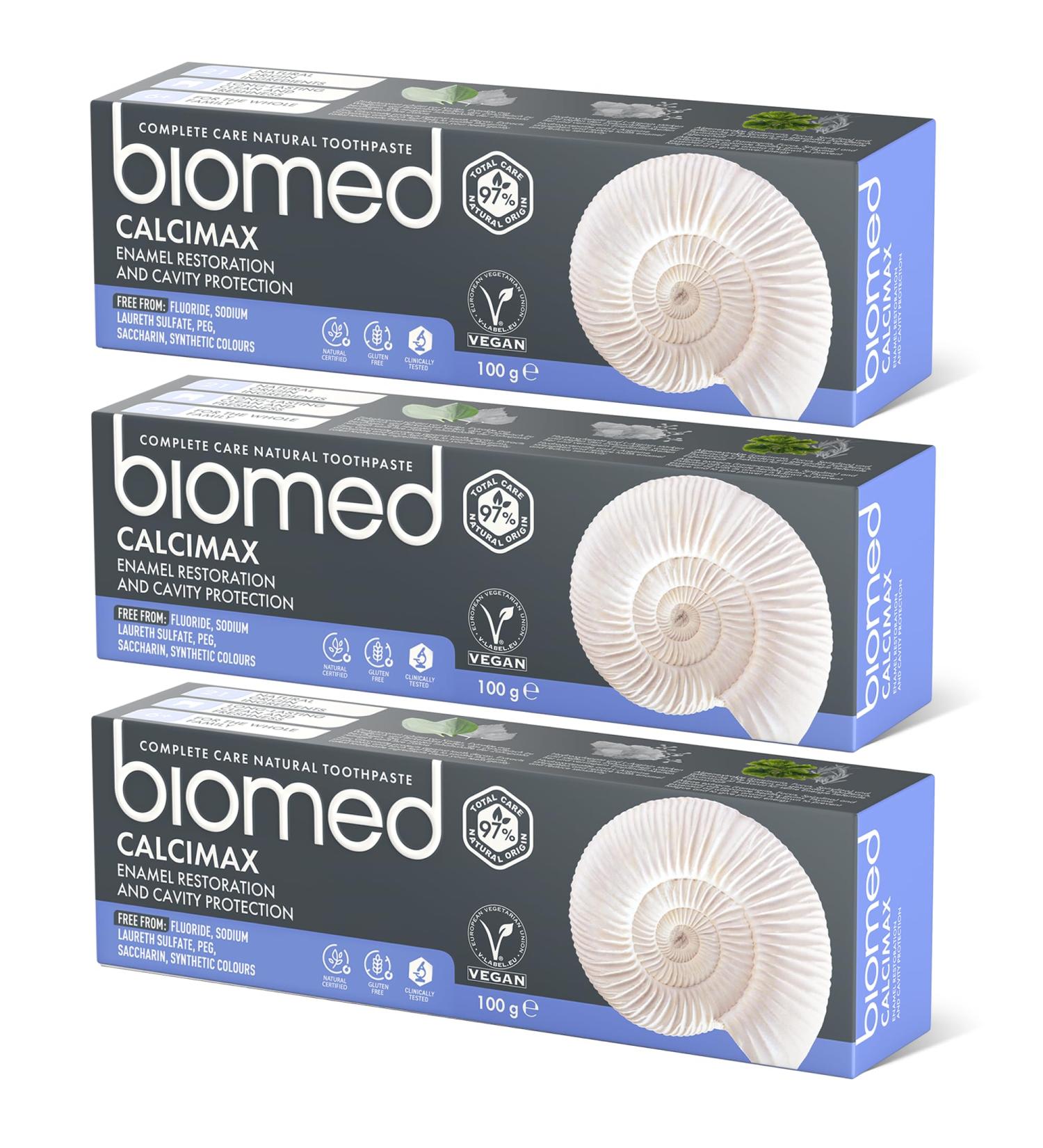 Biomed Calcimax Toothpaste 3 x 100g | Strengthens Enamel Caries Protection Fluoride-Free Gentle Clean Mint Sensation - Buy Online on GoSupps.com