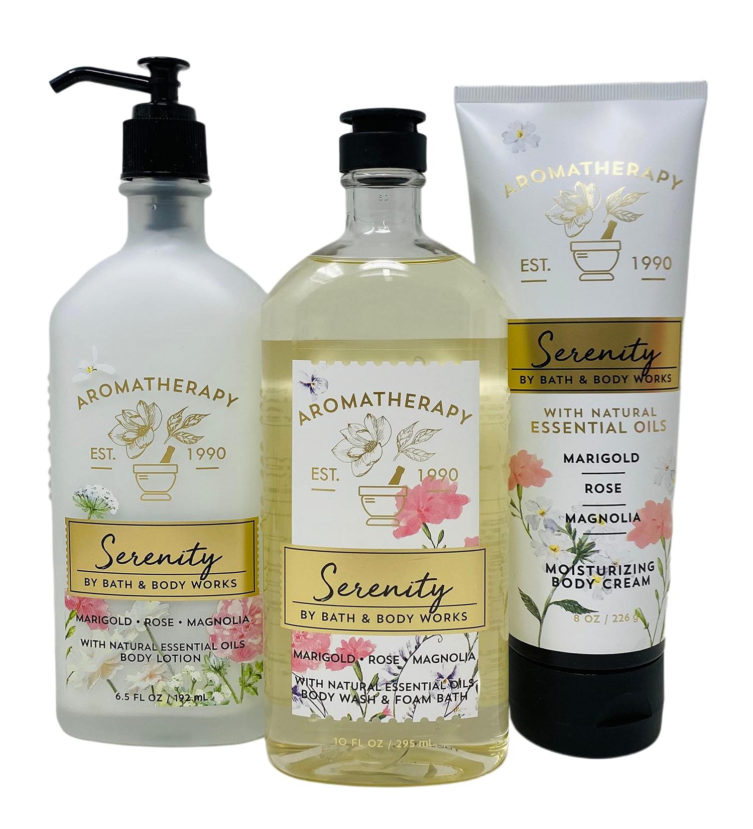 Bath & Body Works Aromatherapy SERENITY Marigold Rose Magnolia Trio | Body Lotion Body Wash & Foam Bath | Moisturizing Body Cream - Shop Internationally - Buy Online on GoSupps.com