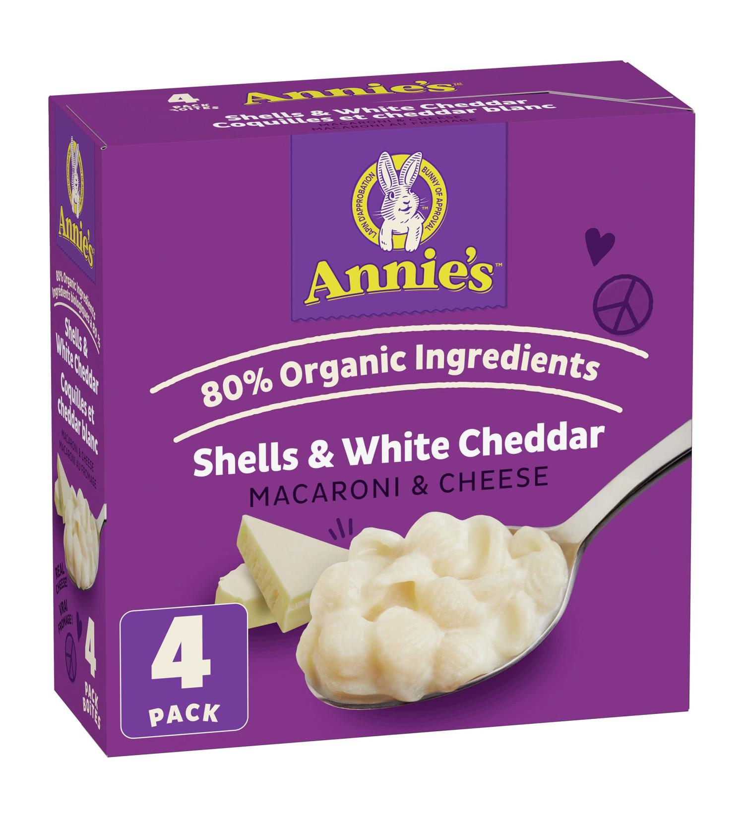 ANNIE'S - VALUE PACK SIZE - MACARONI AND CHEESE Shells and White Cheddar 4 Pack 680 Grams box No Artificial Flavours or Synthetic Colours Contains Real Cheese and Milk Ingredients - Buy Online on GoSupps.com
