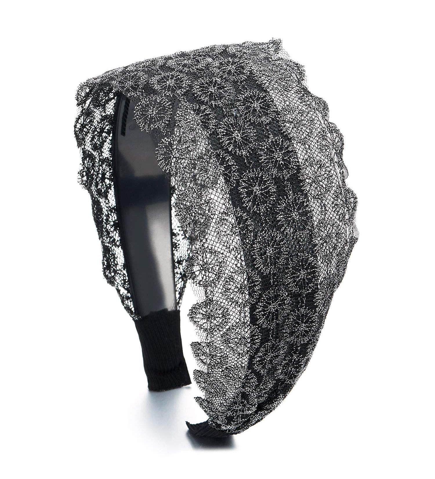 Coolsteelandbeyond 80's Vintage Boho Wide Black & Silver Flower Lace Hairband | Stylish Headband for Unique Fashion - Buy Online on GoSupps.com