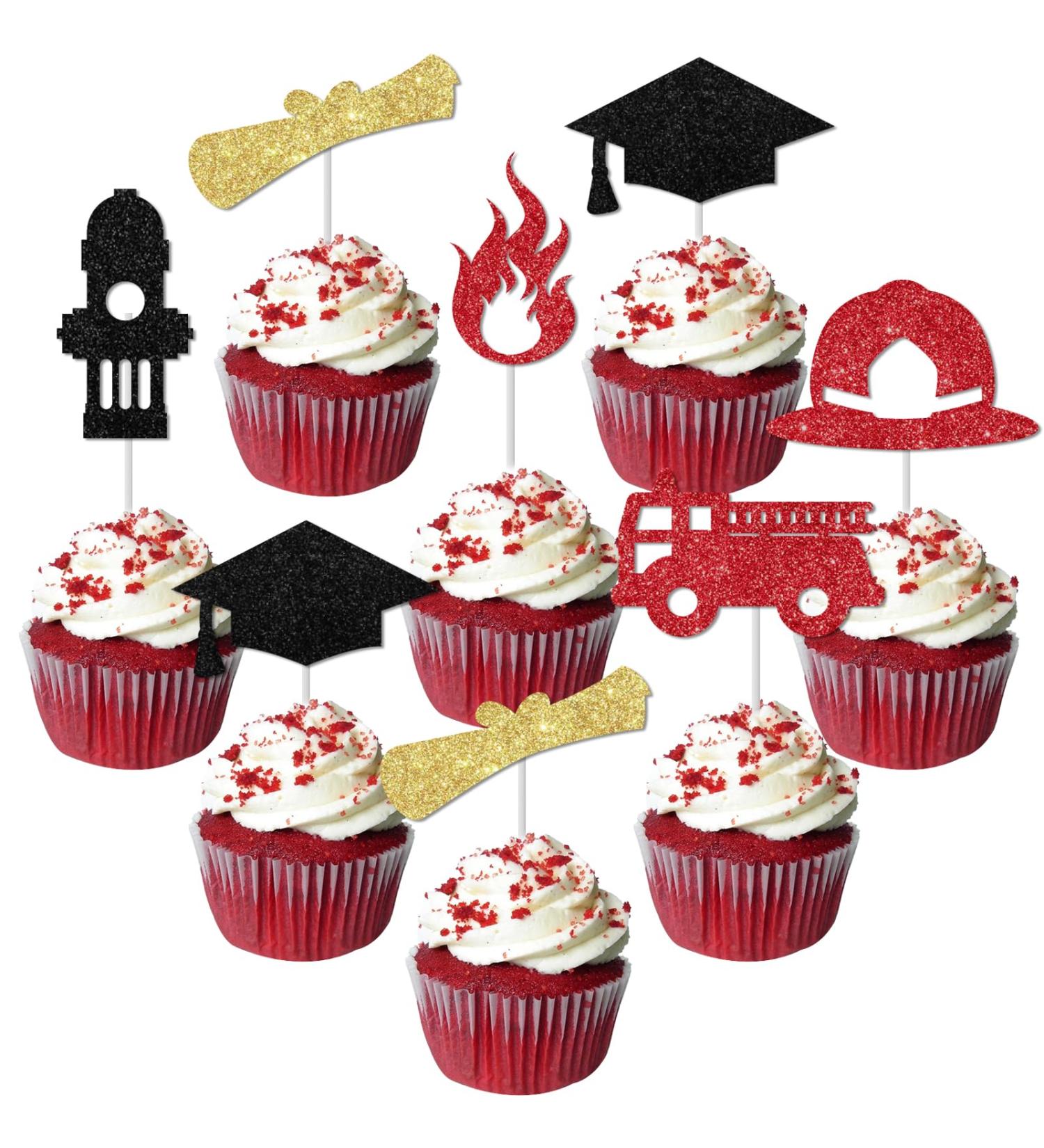 kreat4joy 24pcs Firefighter Graduation Cupcake Toppers Glittering Firefighter Congrats Grad Party Decorations Fire Truck Cupcake Toppers for Firefighter Retirement Party Decorations - Buy Online on GoSupps.com