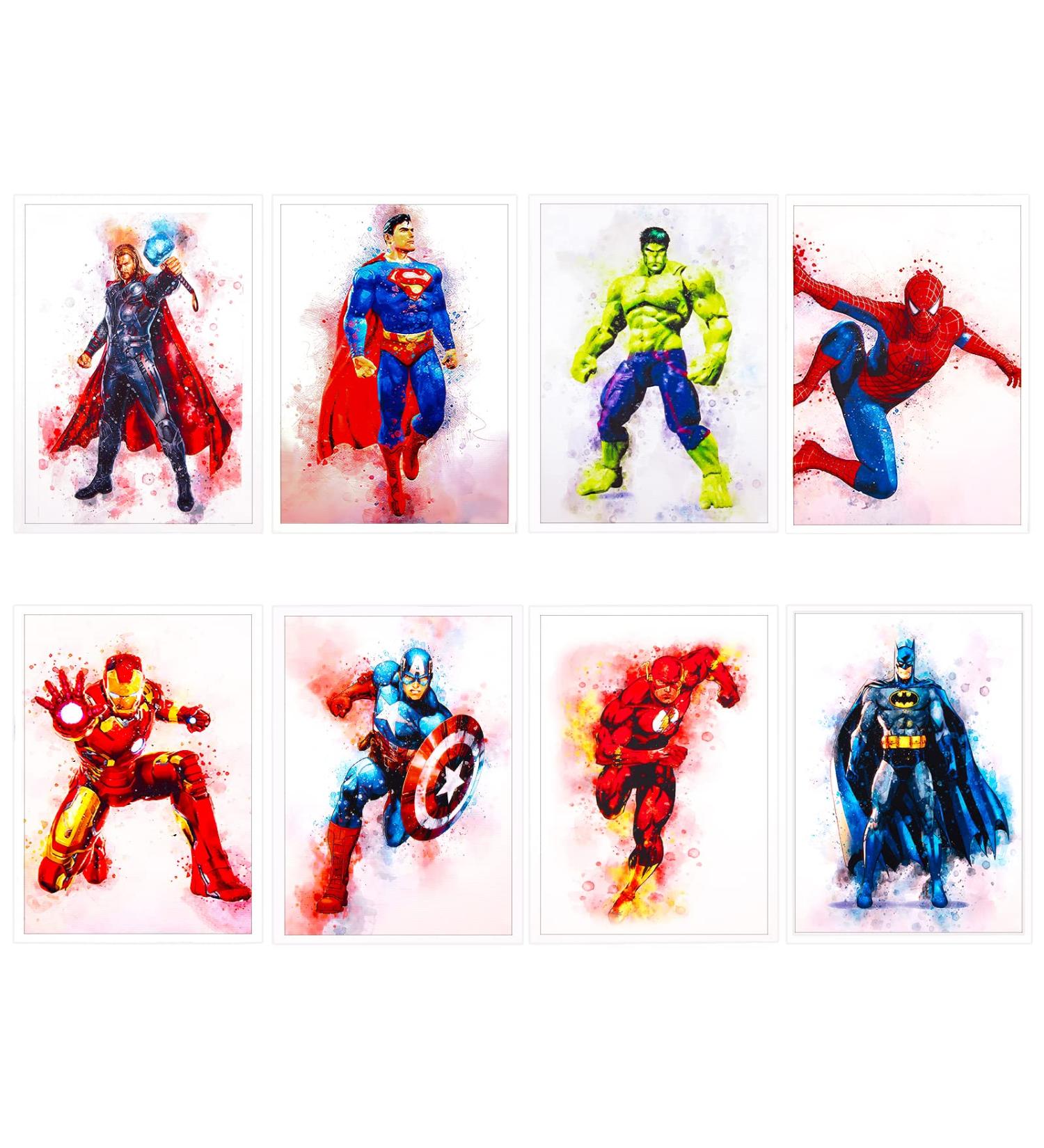 8pcs Superheroes Watercolor Art Posters - Canvas Wall Art for Kids' Rooms | Anime Murals & Decorations | Perfect Boys' Gifts - 22x31cm (Unframed) - Buy Online on GoSupps.com